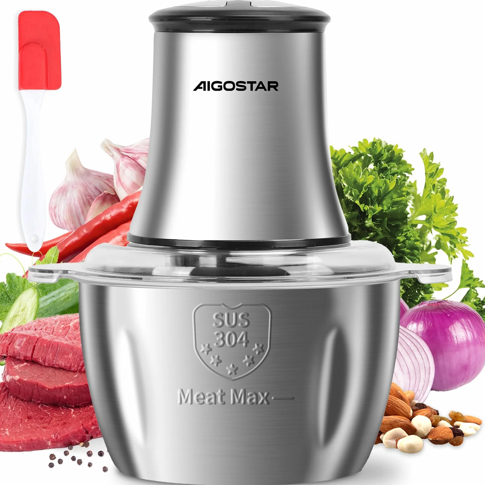 Aigostar Flor - Hachoir Électrique 500W avec Bol Inox 1.8L et 4 Lames. Mini Hachoir à Viande, Mixeur Multifonction 2 Vitesses pour Repas Bébé. Inclus Spatule, Sans BPA