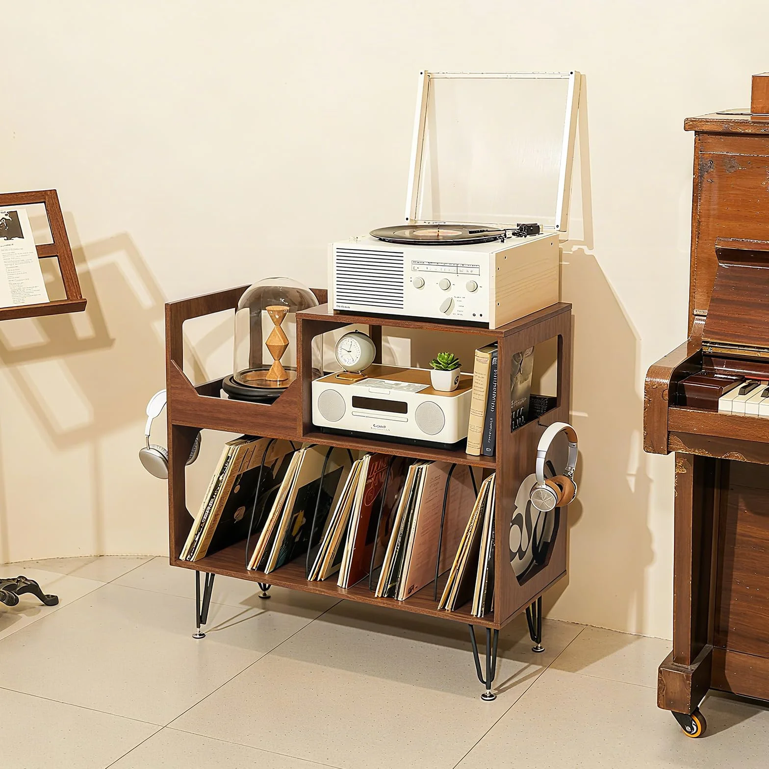 ikkle Grand support de tourne-disque rustique à 2 niveaux avec rangement de disques vinyle, armoire de rangement en vinyle avec pieds en métal, support pour salon, chambre à coucher, peut contenir 370