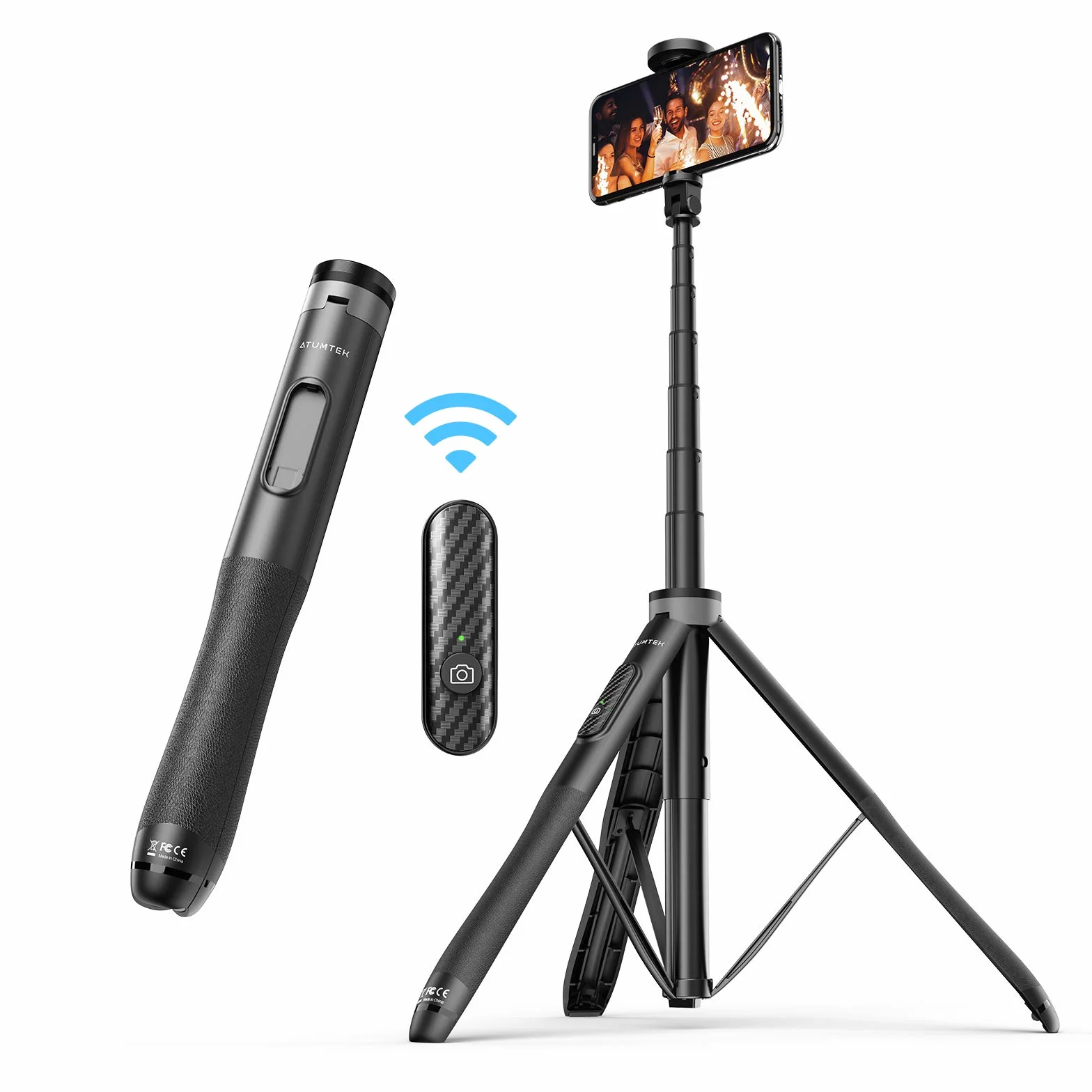ATUMTEK Kijek do selfie 130 cm, Bluetooth, z wytrzymałym aluminium i antypoślizgowymi stópkami, trójnożny, do iPhone'a i telefonu z systemem Android, do selfie, nagrywania wideoblogów, strumieniowania na żywo.