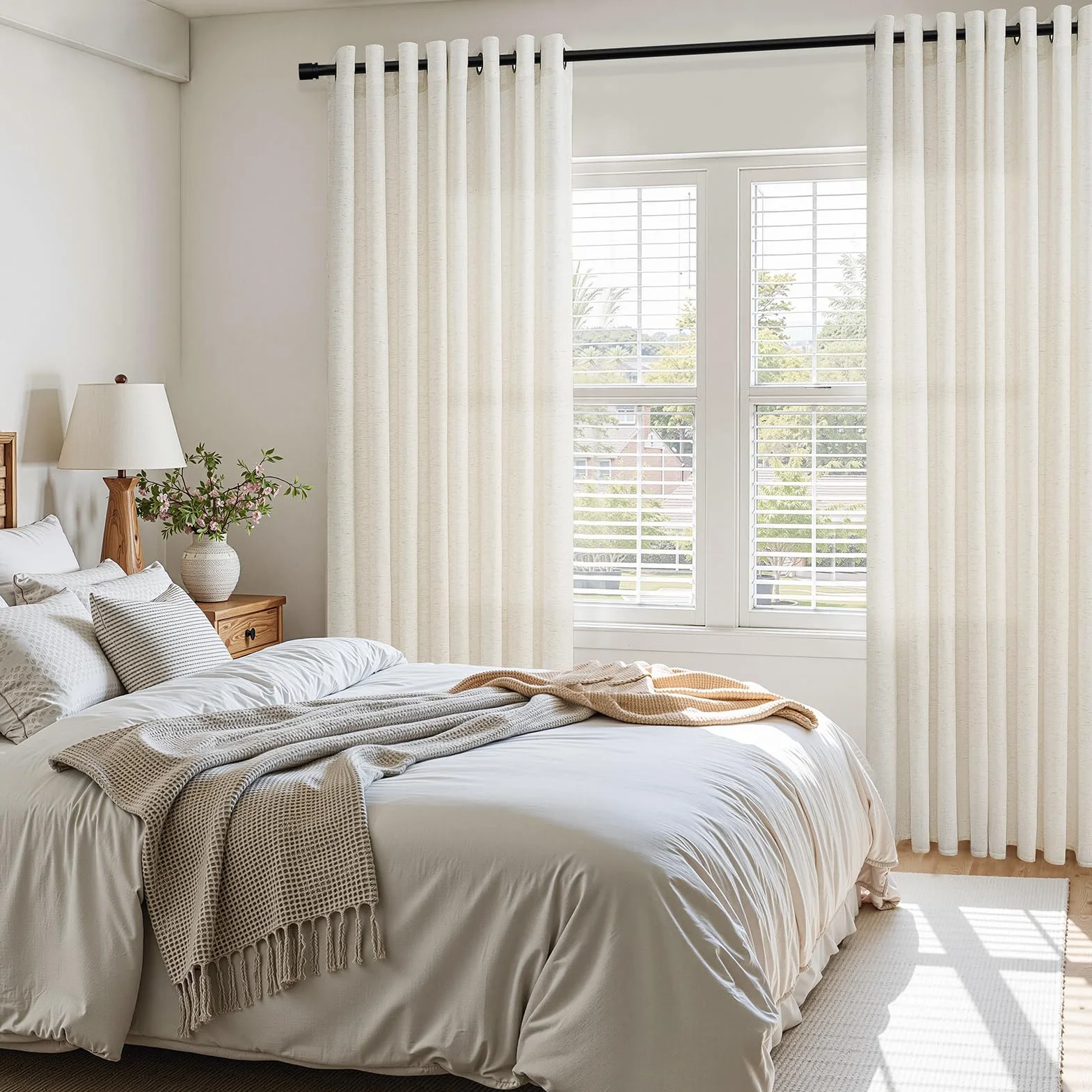 Topfinel Rideau Voilage Lin Coton 140x240cm Beige Semi Occultant à Oeillets 2pcs