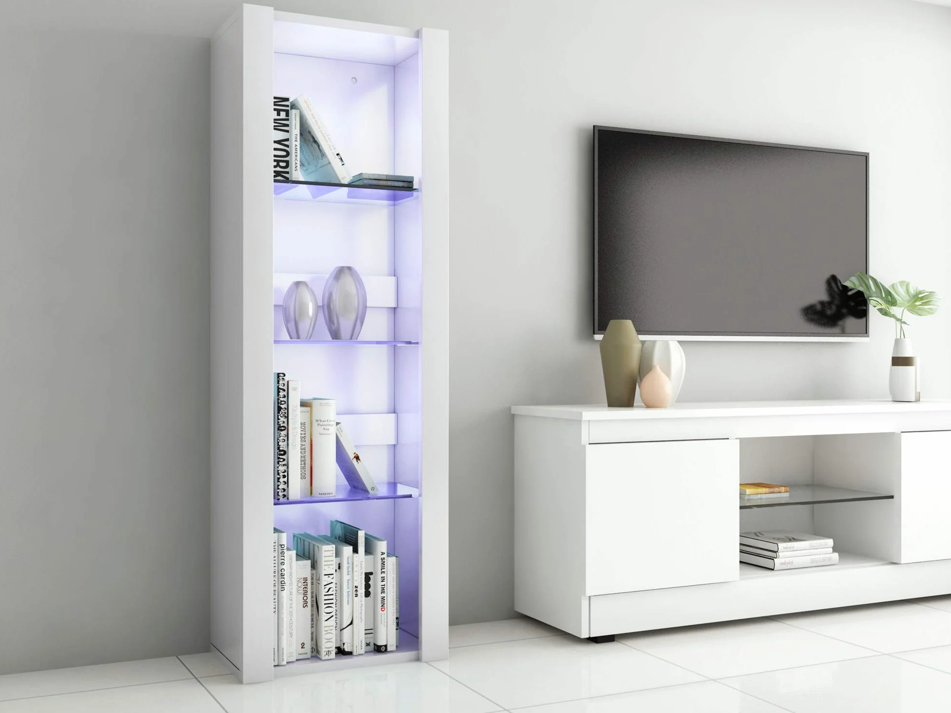Panana Vitrine Lumières LED Meuble de Rangement avec Etagères sur Salon, Bureau, 55 x 35 x 166 cm (Blanc)