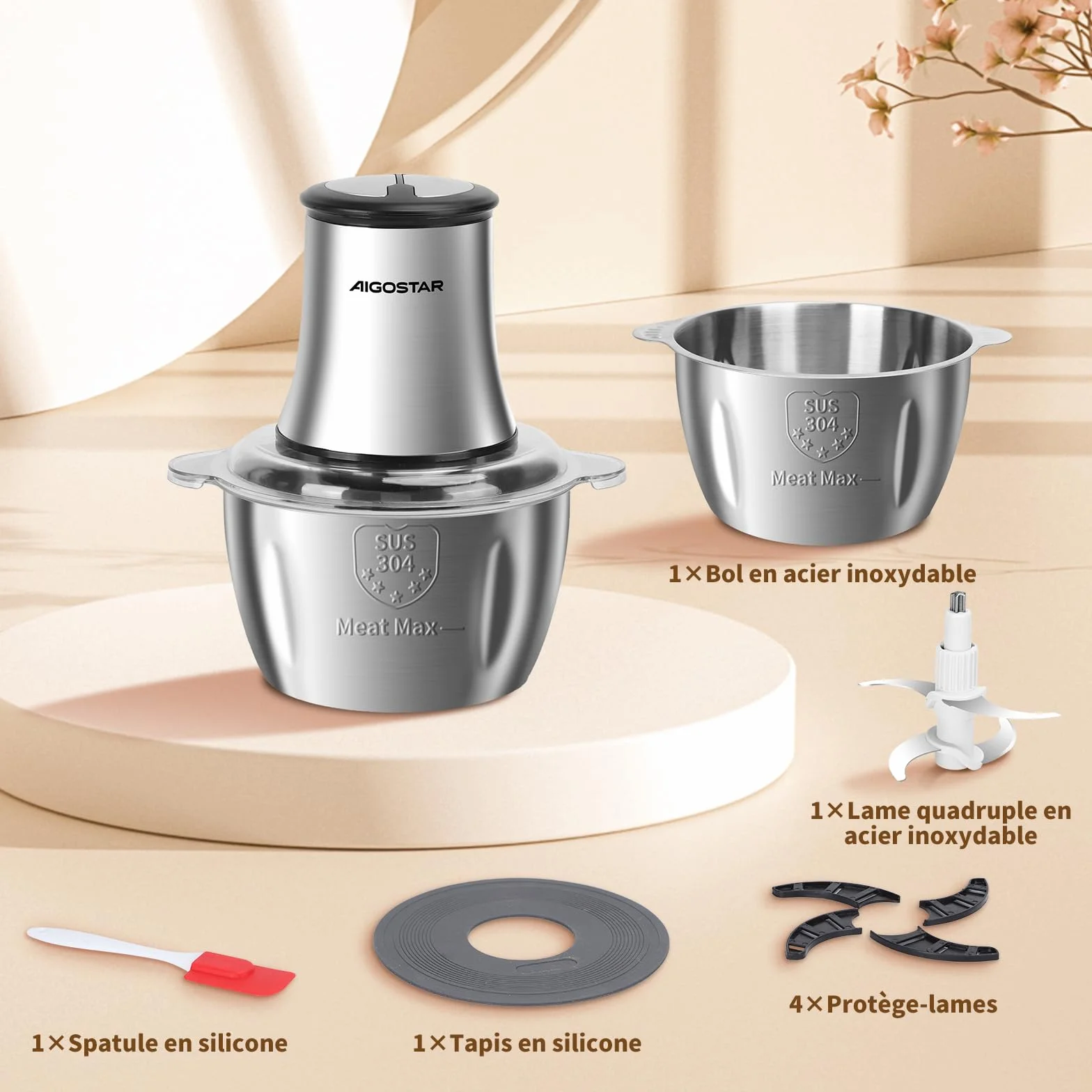 Aigostar Flor - Hachoir Électrique 500W avec Bol Inox 1.8L et 4 Lames. Mini Hachoir à Viande, Mixeur Multifonction 2 Vitesses pour Repas Bébé. Inclus Spatule, Sans BPA