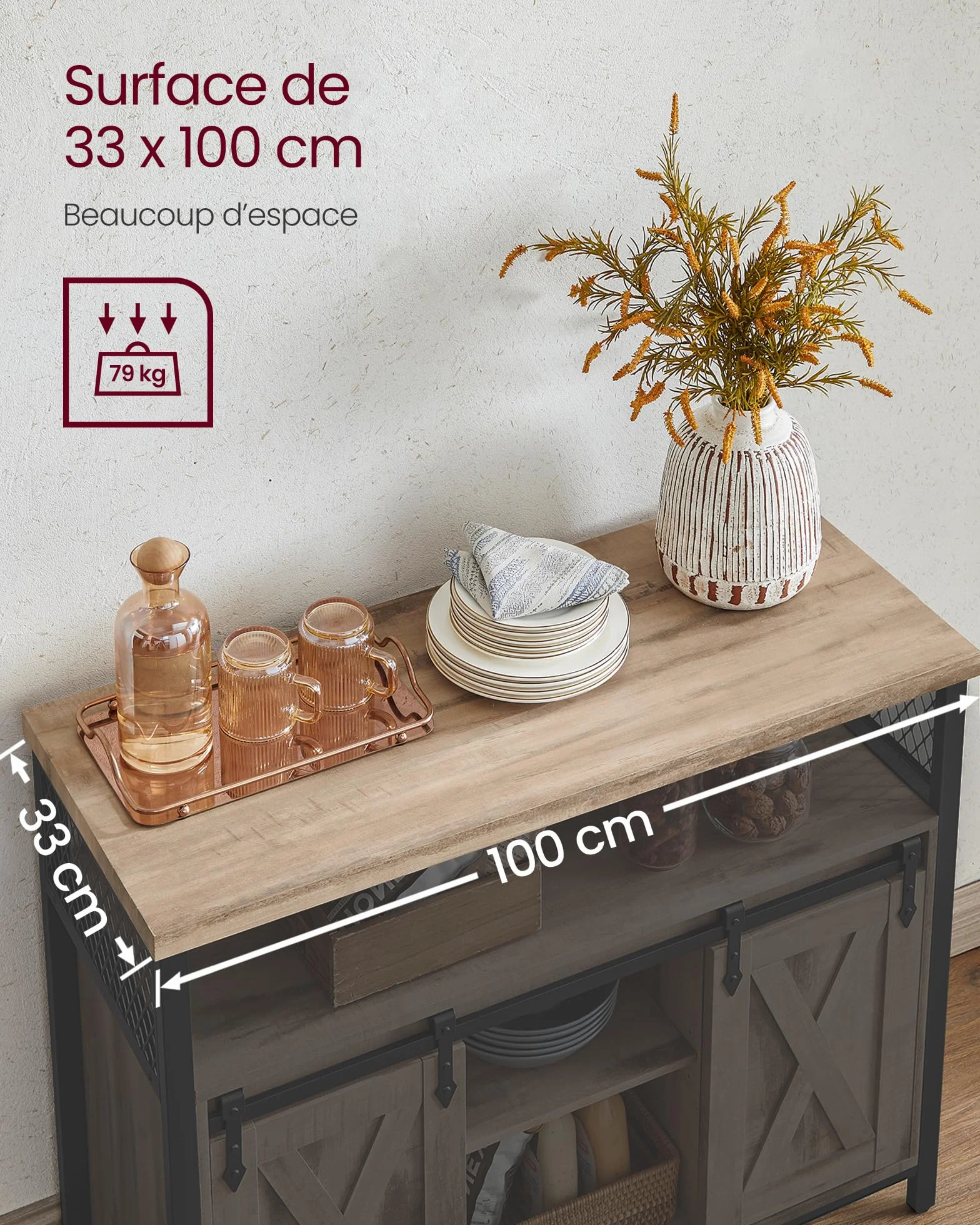 VASAGLE Meuble de Rangement, Buffet Cuisine, Commode, avec 2 Portes Coulissantes, 33 x 100 x 80 cm, Étagères Réglables, pour Salon, Marron Camel et Noir d'encre LSC092B50