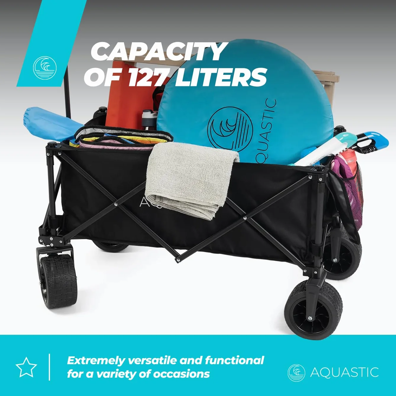 Aquastic Chariot Pliant Caro 90x47x55 cm Chariot De Transport Durable Grandes Roues 127L Noir