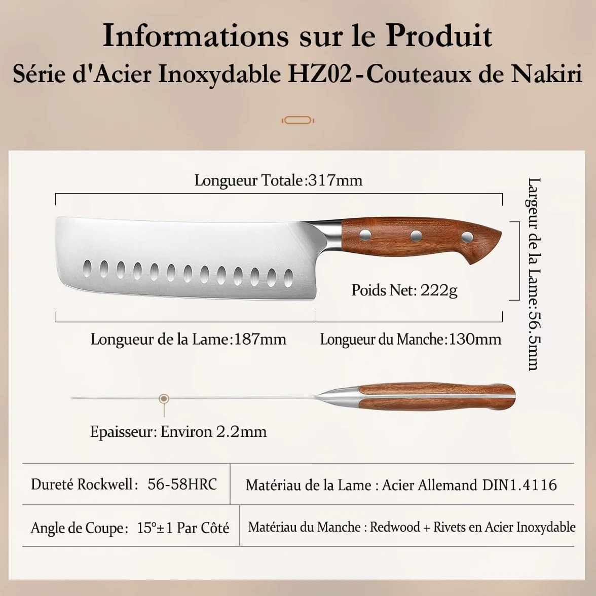 HEZHEN Couteau de Nakiri en Acier Geman, Style Japonais Couteau Couperet，Multi-Usages Couteau de Chef Asiatique Pour Trancher la Viande et les Légumes，Griff aus Redwood