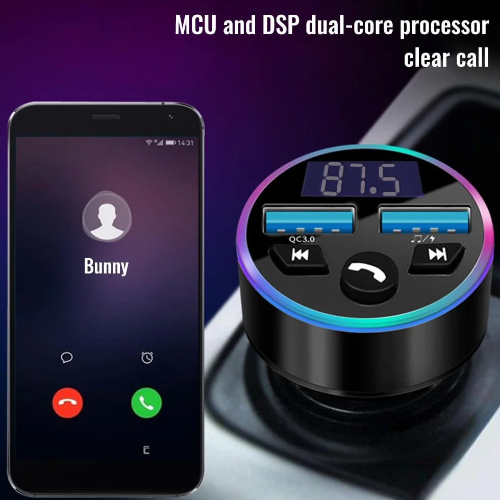 Transmiter FM Auto Bluetooth, adapter Bluetooth, ładowarka do szybkiego ładowania QC3.0, obsługa Dual USB, zestaw głośnomówiący, pamięć USB (A)