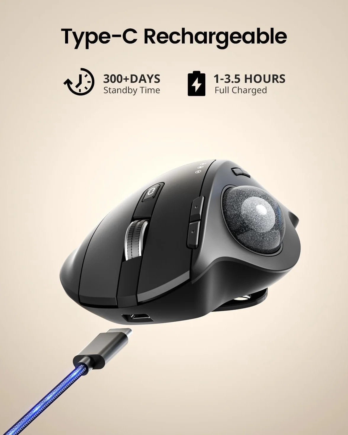 ProtoArc EM01 NL Bezprzewodowa mysz Trackball, ergonomiczna mysz kulkowa Bluetooth, kciuk, ładowalna, komputer, laptop, regulowany kąt i 3 przyłącza urządzeń, do PC, Mac, Windows, szara kulka 25