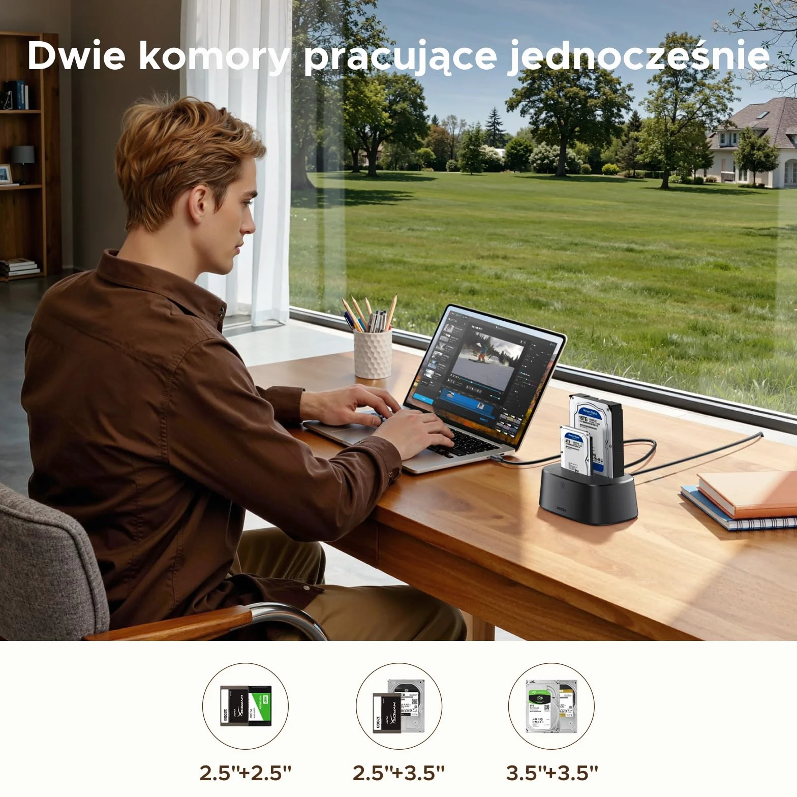 UGREEN Stacja dokująca do dysków twardych, stacja dokująca USB 3.0 HDD do dysków twardych SATA HDD i SSD 2,5'»/3,5«', adapter dysków twardych Dual Bay 5 Gb/s obsługuje klonowanie offline i UASP