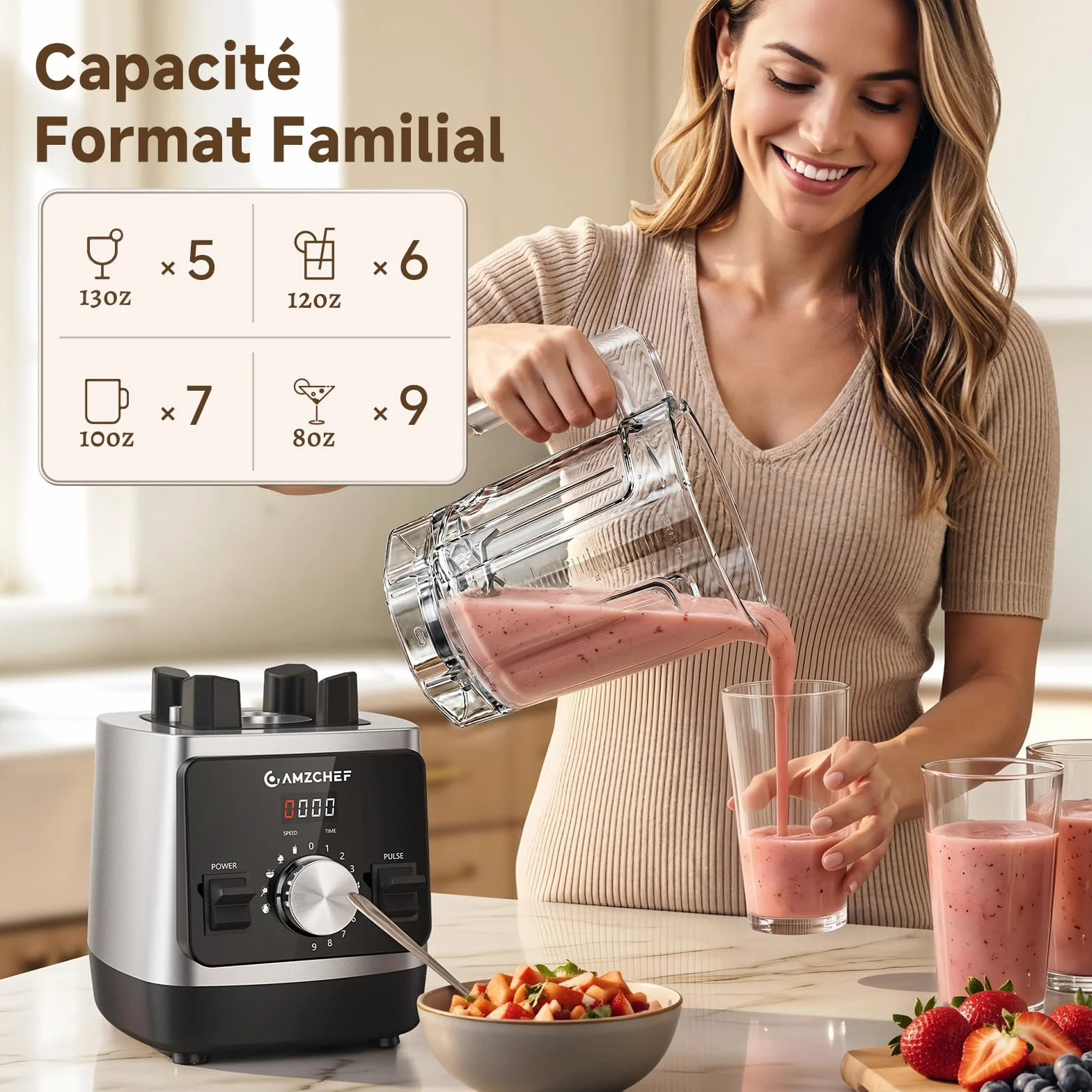 AMZCHEF Blender Électrique 1800W, Mixeur Haute Performance avec Bol 2L Tritan Sans BPA, 6 Lames en Acier Inoxydable Revêtement Titane, Smoothies, Glace Pilée, Shakes, Nettoyage Facile, Noir/Argent
