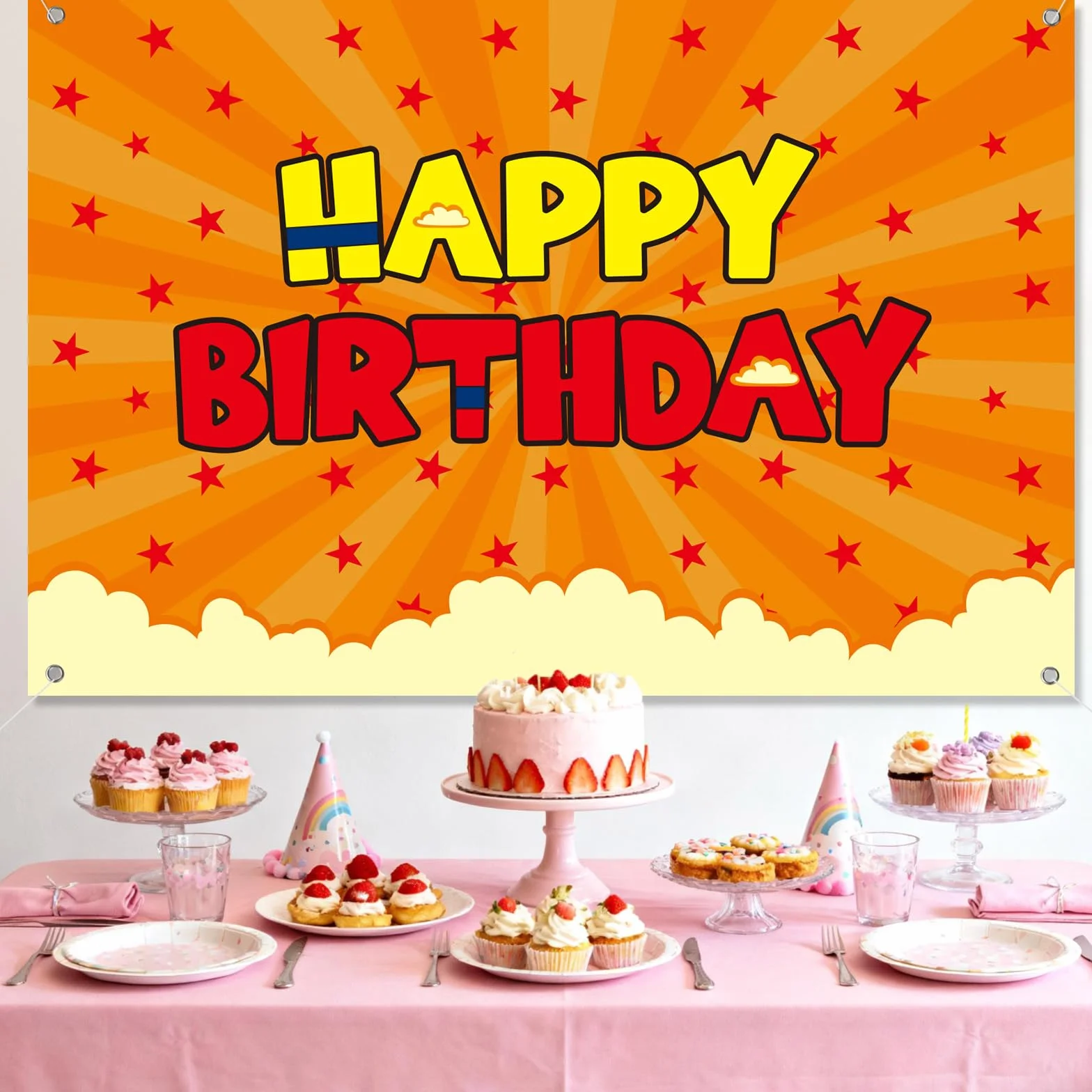 SAVITA Anime Birthday Banner 152x100cm Étoiles Jaunes et Rouges Décoration Photo Fête Garçons Enfants