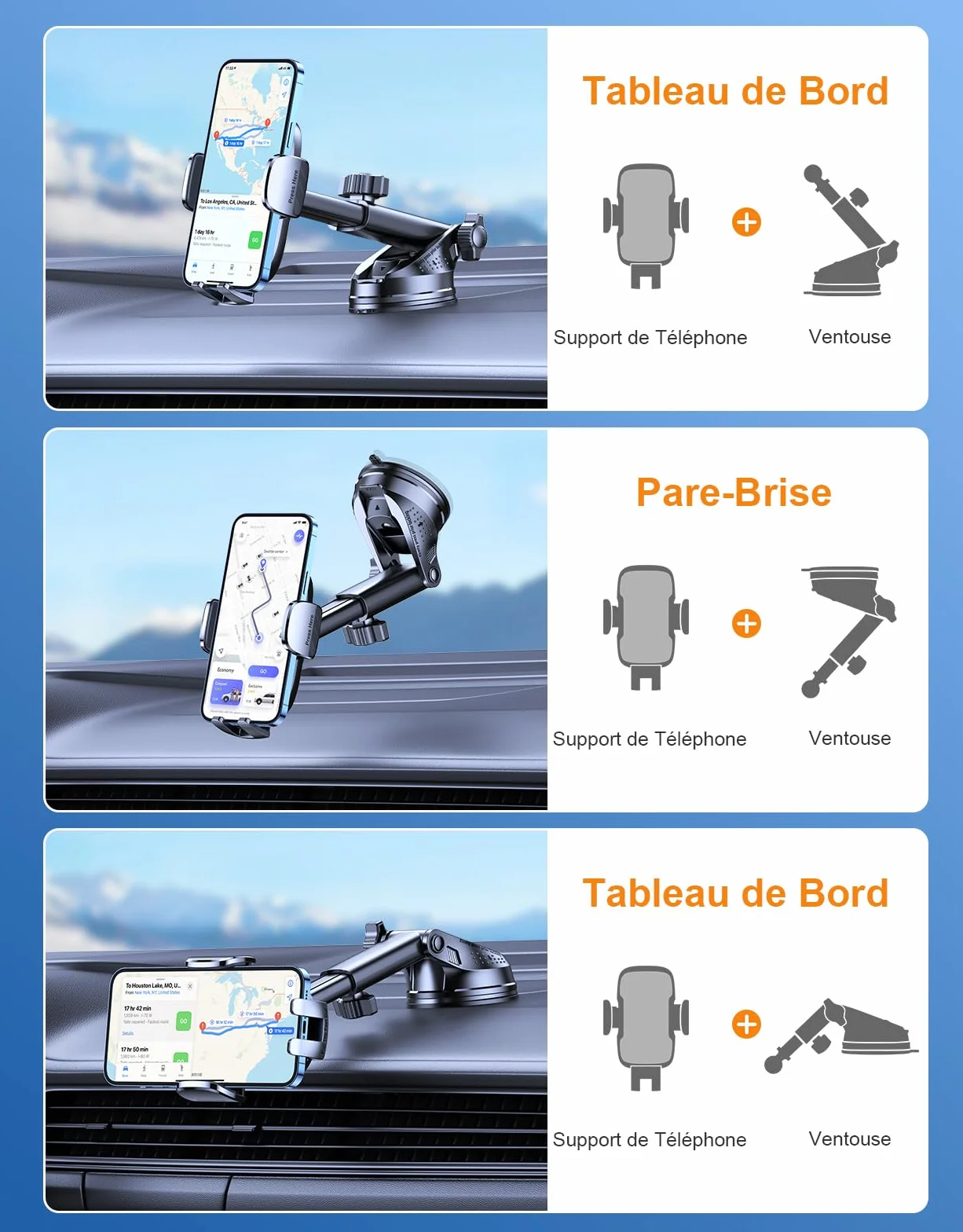 Mohard Support Telephone Voiture Ultra Robuste Orientable 360° Accroche Telephone Ventouse pour Smartphones 4-7"