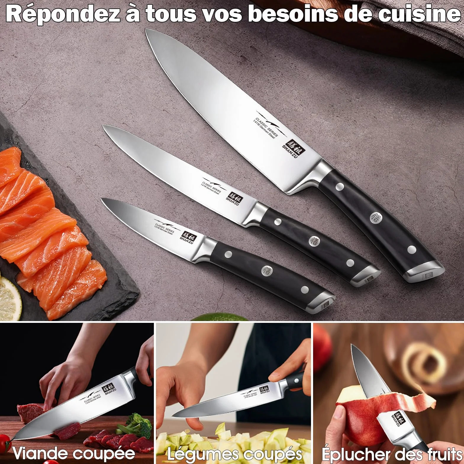 SHAN ZU Set Couteaux Cuisine, 3 Couteaux Japonais Acier Inoxydable, Couteau Chef Universel Paring