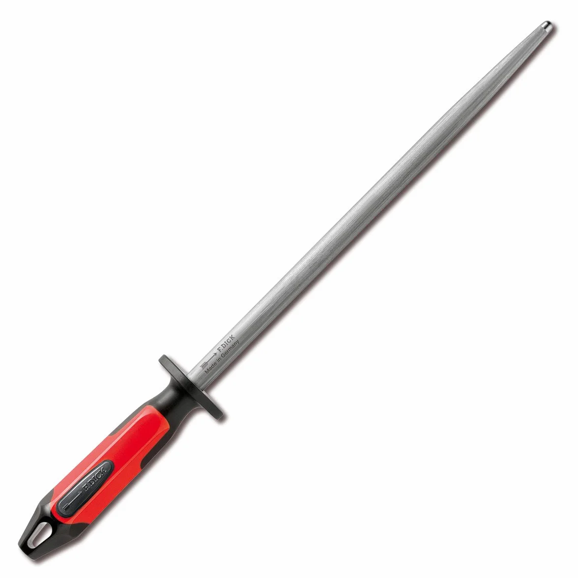 F. DICK Acier de boucher 30 cm (poignée rouge/noir, fusil à aiguiser rond avec poignée 2K, dureté de surface supérieure à 65° HRC, pierre à aiguiser pour couteaux de cuisine) 73171300-63