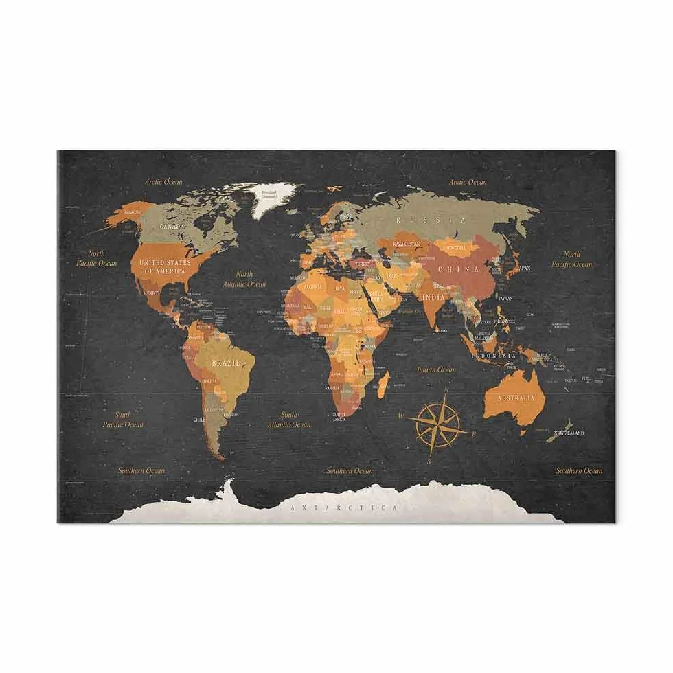 murando - Tableau à Épingles et Peinture sur Toile Combinés 120x80 cm - Avec Crochets Clous et Punaises Argentées - Panneau en Fibres pour Notes et Affichage - Carte du monde k-C-0048-v-a