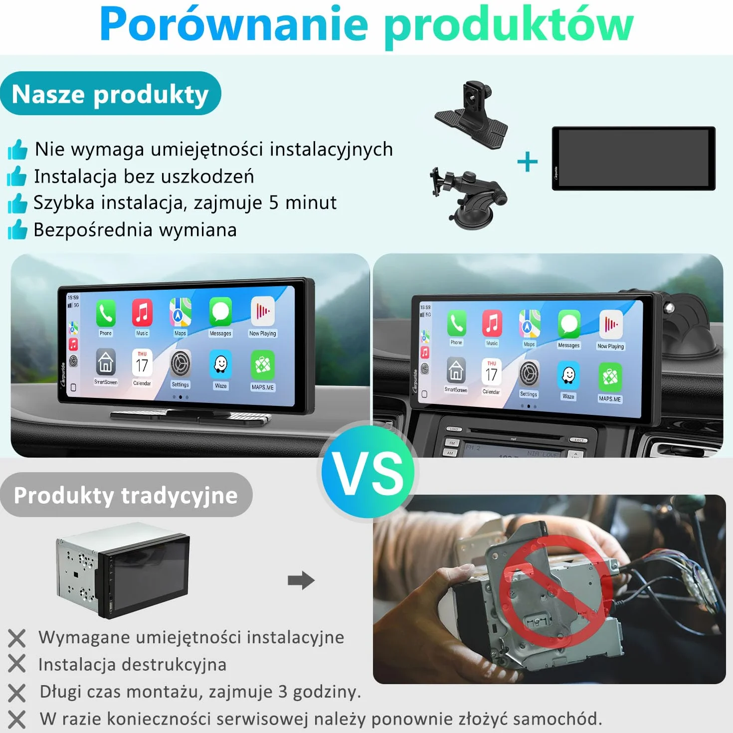 Przenośny ekran Carplay, Carpuride V92R Wireless Carplay i Android Auto, 10,26-calowy ekran dotykowy HD 1080P z prawdziwą kamerą cofania 720P / BT 5.0/Mirror Link Support Truck RV Dash Mount