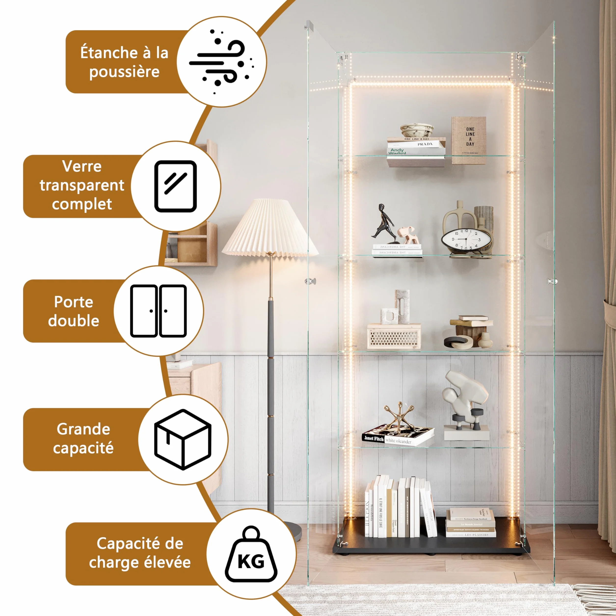 Vitrine,vitrine en Verre de 187x79x35cm,5 Couches avec LED 2 Porte et Serrure,Armoire de Collection Moderne en Verres,Armoire de Rangement en verre Debout pour Salon,Chambre à Coucher, Bureau