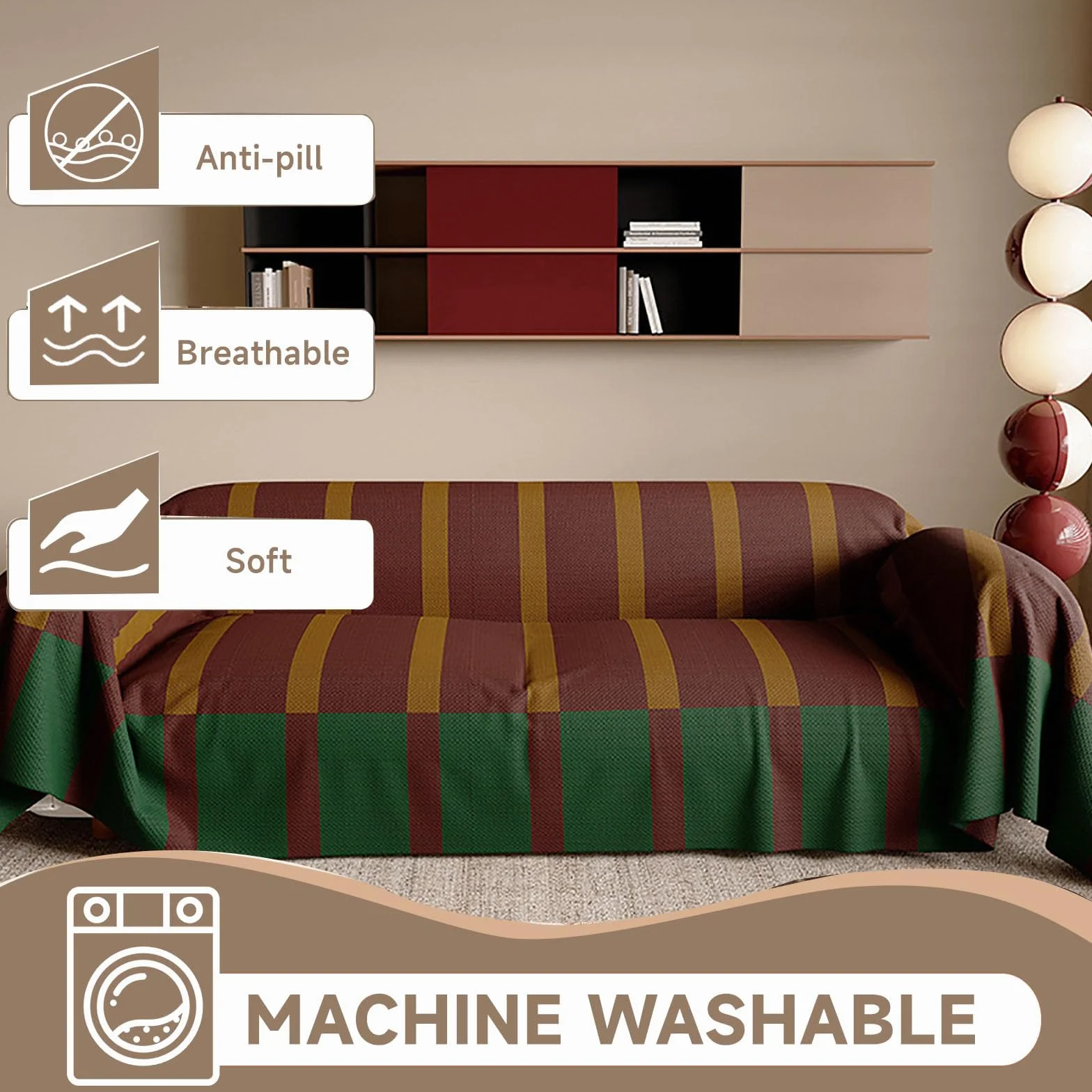 Housse de canapé à rayures rétro en faux lin lavable 180x260cm pour sectionnelle causeuse bleu et rouge