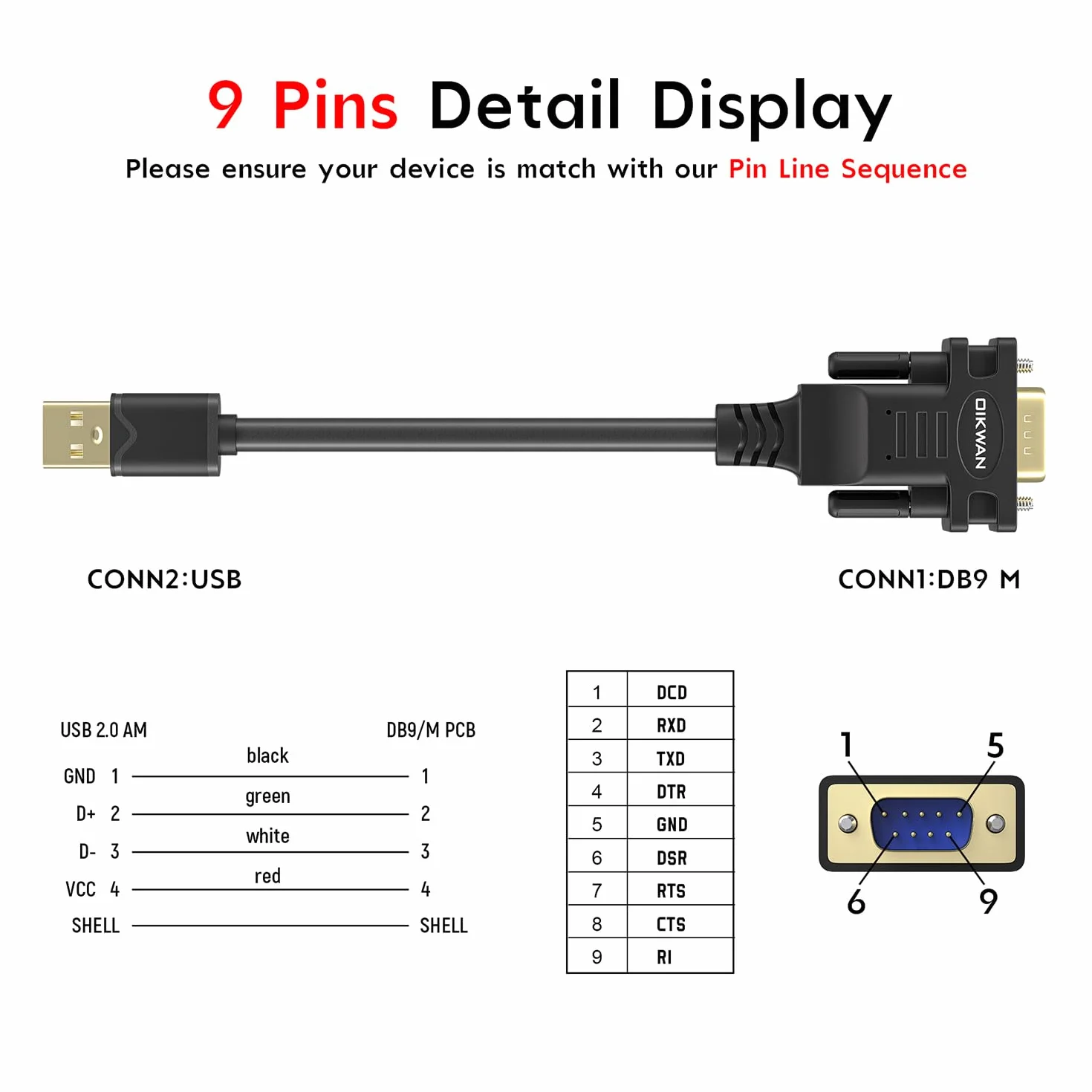 Adaptateur USB à RS232, câble série DB9 mâle FTDI 6ft pour Windows 11, 10, 8, 7, Linux, Mac OS