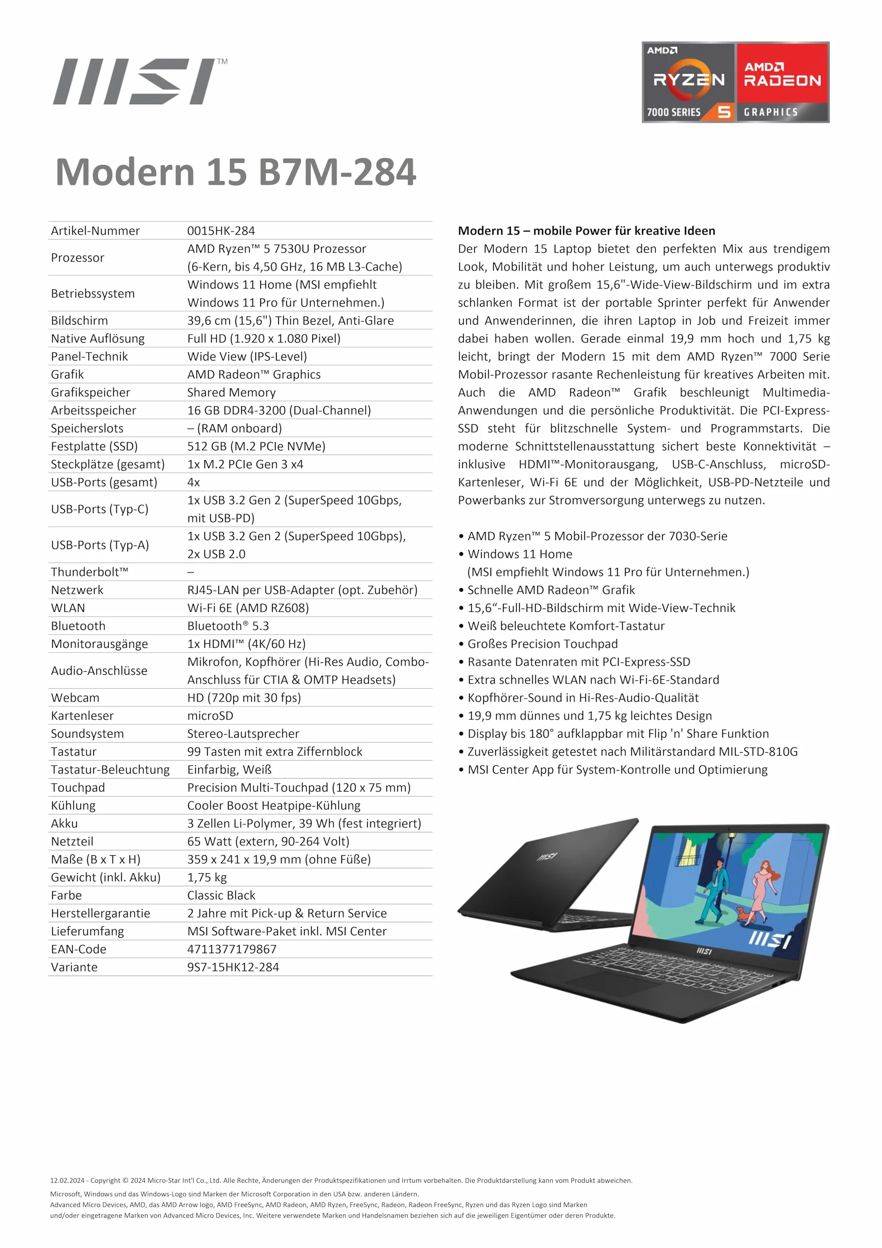MSI Nowoczesny laptop 15 Lifestyle & Business 15,6", wyświetlacz Full HD, procesor AMD Ryzen 5 7530U, 16 GB DDR4 RAM, 512 GB SSD, AMD Radeon Graphics, Windows 11 Home, czarny, B7M-284 ,DE QWERTZ