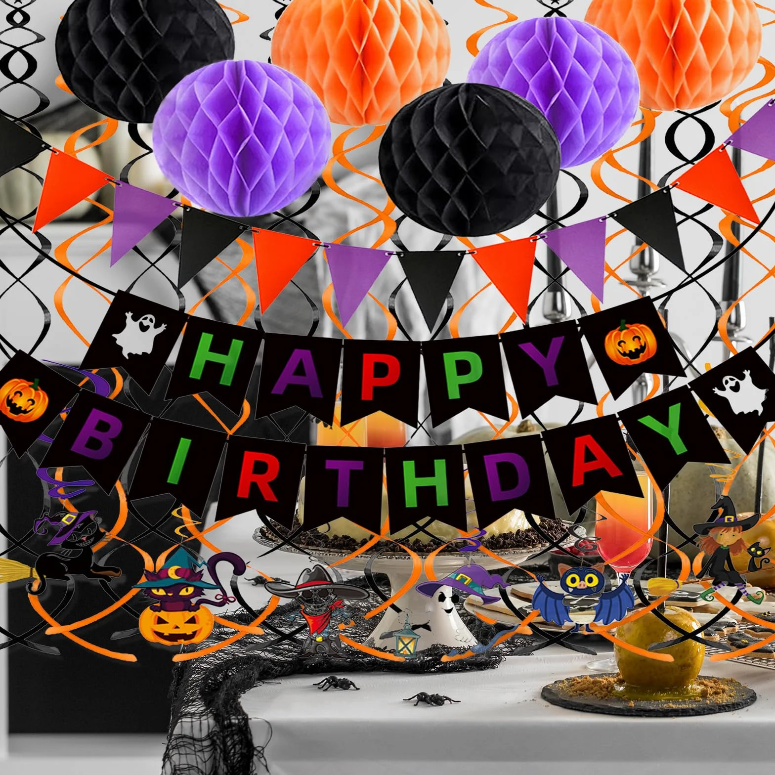 Kit Anniversaire Halloween 47 Pièces Banderole Joyeux Anniversaire Guirlandes Spirale