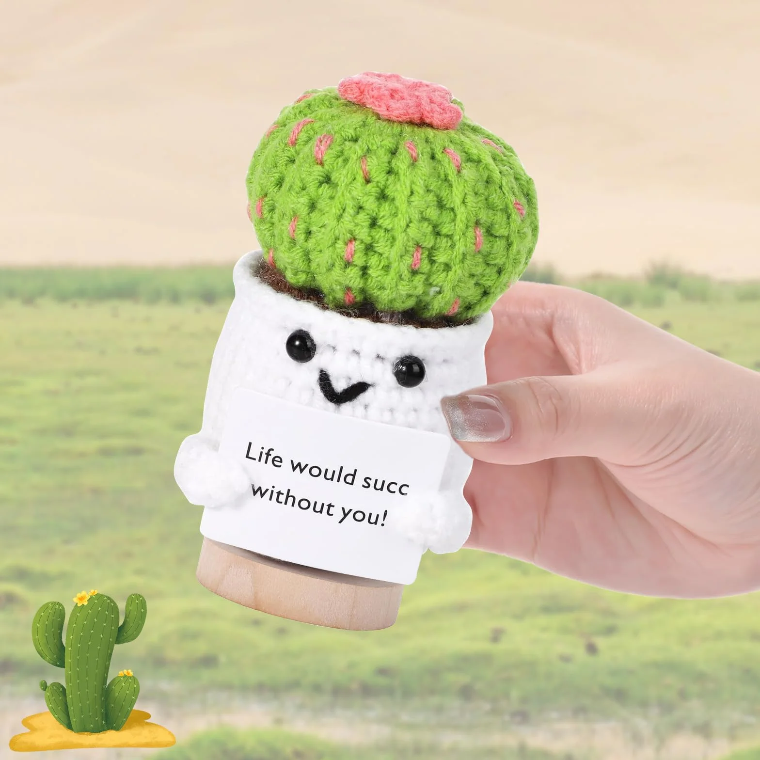 Cactus au Crochet Positif avec Socle, Carte, Cadeau Rétablissement