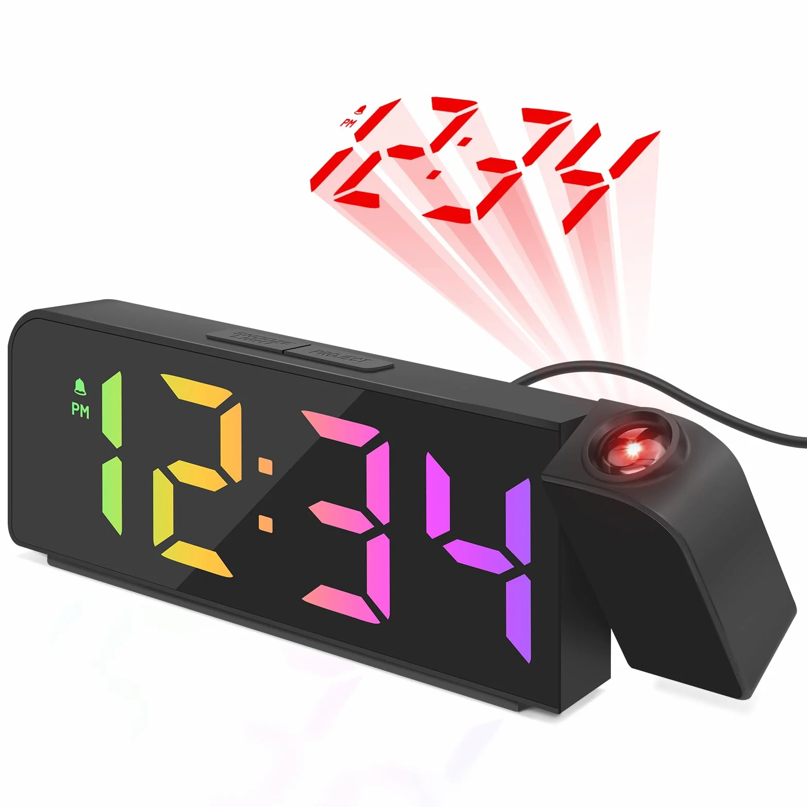 Horloge Numérique LED Réveil Projection avec Température, Snooze, Mode Nuit, Affichage 12H/24H, Noir