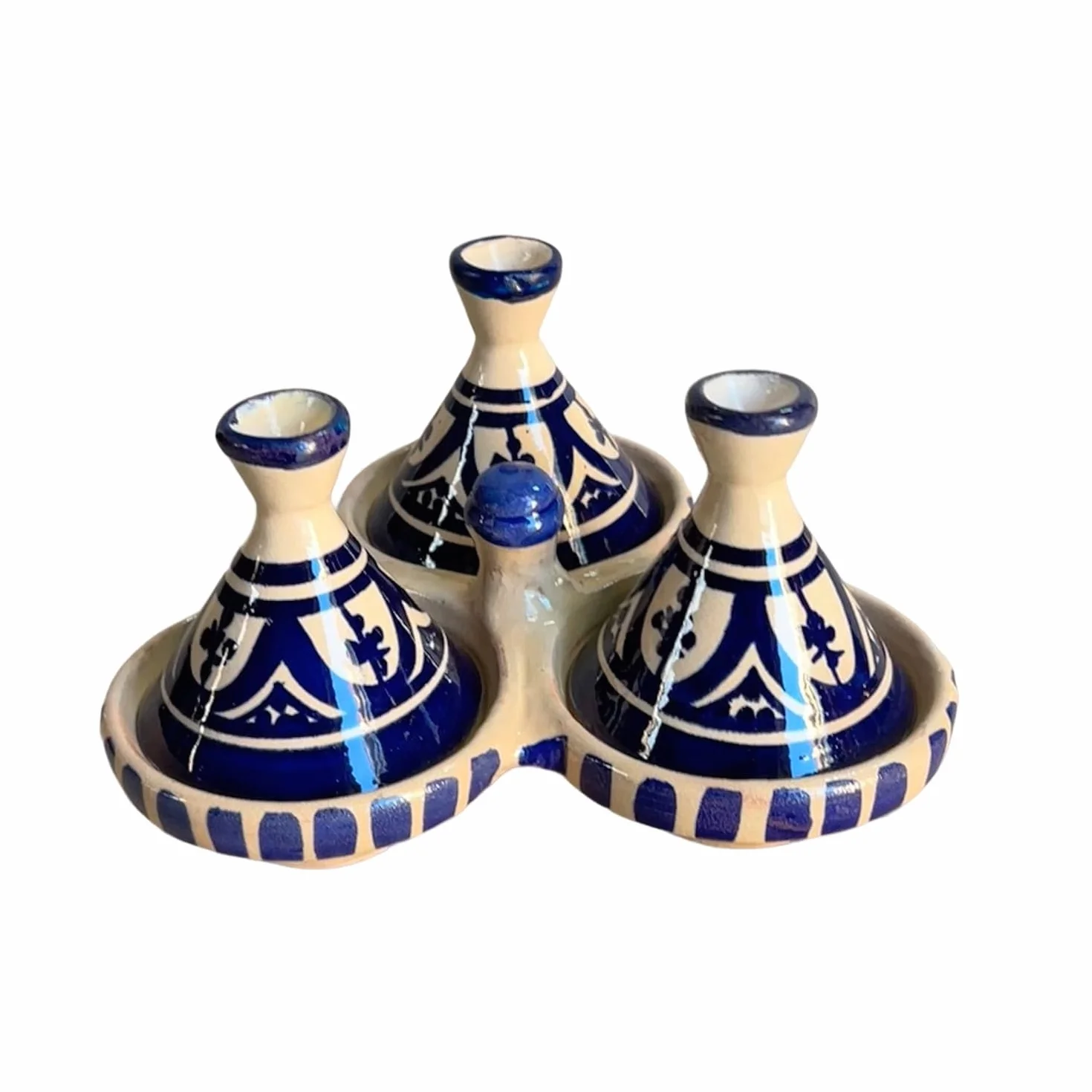Mini Tajine Triple Porte Épices en Céramique Terre cuite Marocaine de Safi - Élégance Artisanale 3012250805 Tunisie Turquie Ethnique Modno