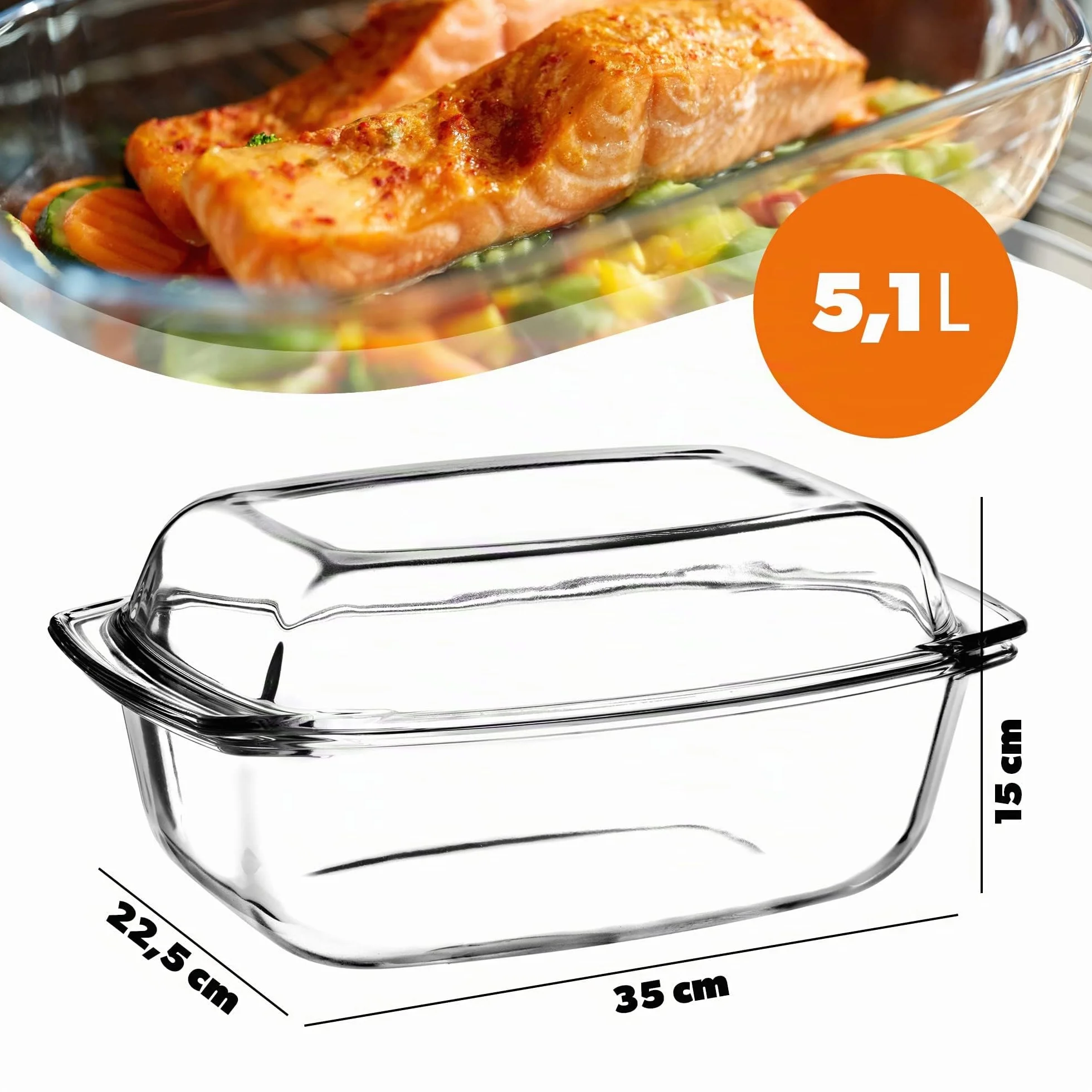 KADAX Plat à Gratin en Verre Résistant à la Chaleur avec Couvercle et Poignées, Cocotte Transparente pour la Cuisson au Four (Rectangulaire, 5.1 L)