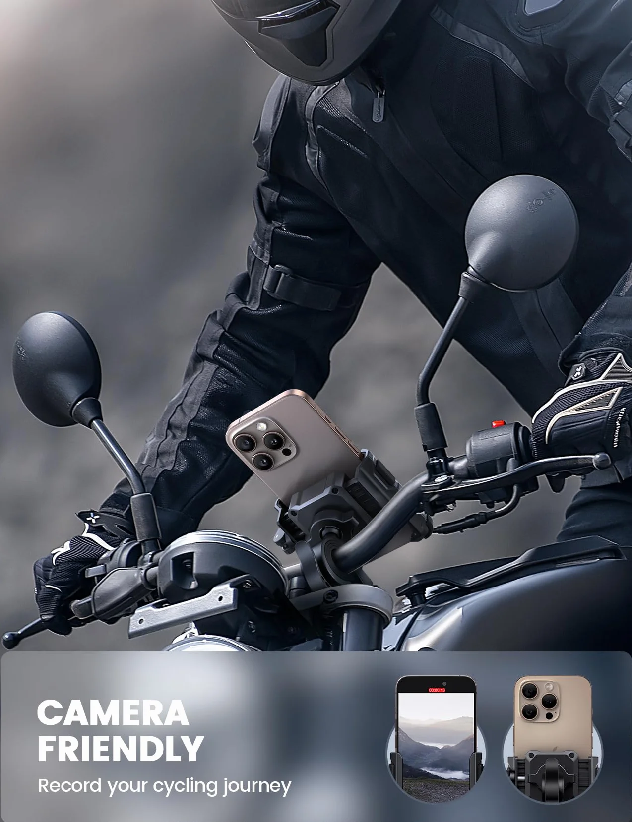Lamicall Trzymań telefonu rowerowy i motorowy - [Idealny do nagrań wideo]360° obrotowy trzymań telefonu rowerowego,Uniwersalny trzymań na kierownicę, iPhone 16/15/14, Samsung, wszyscy smartfony