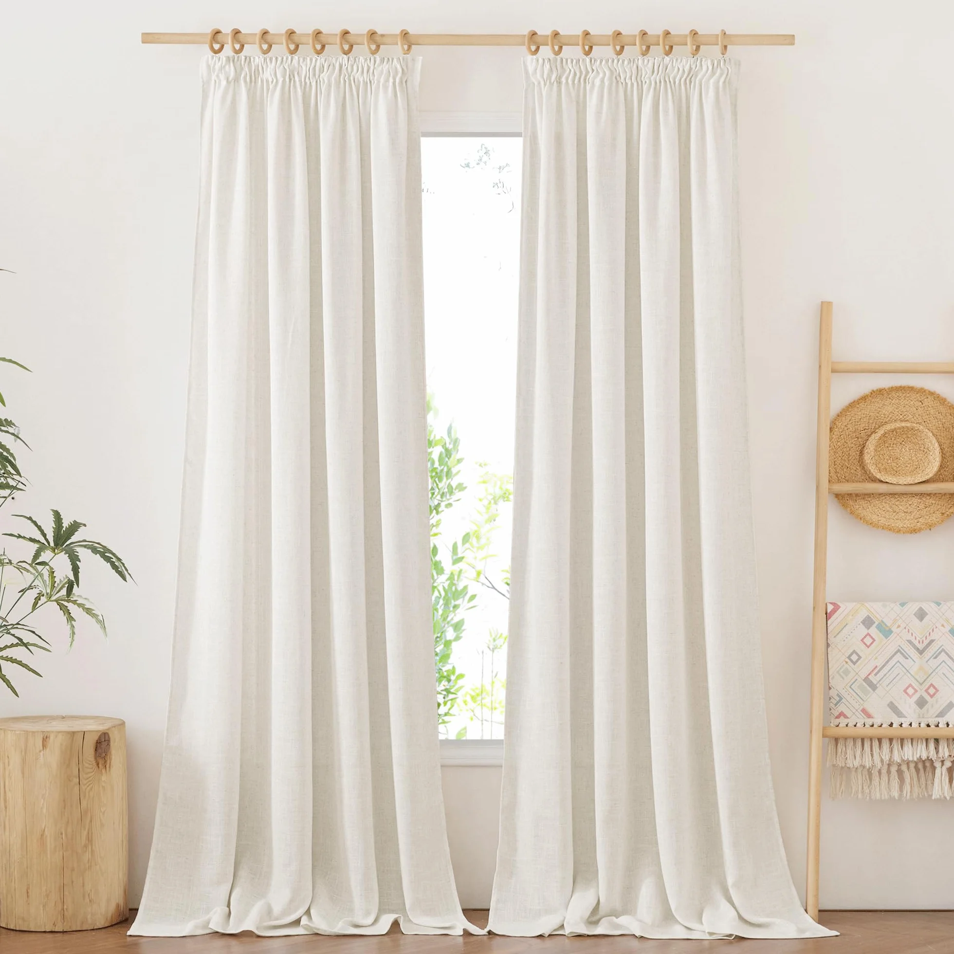 Rideaux Voilage Lin Naturel Demi Transparent 140x245 cm Beige Clair 2 Pièces
