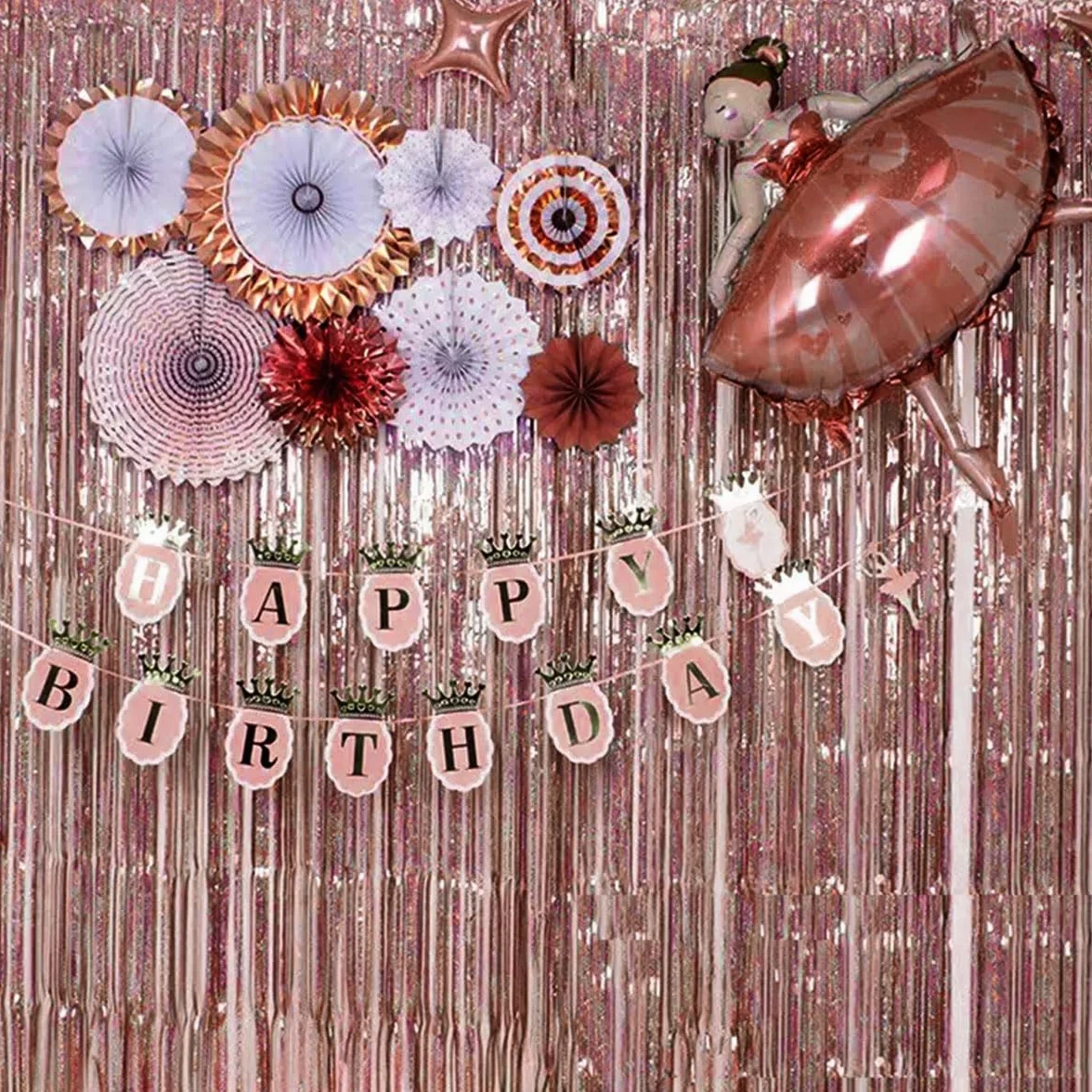 Rideau Métallique Rosegold Brillant, 2x Rideaux à Franges en Aluminium, Toile de Fond Rose Or pour Anniversaire Mariage