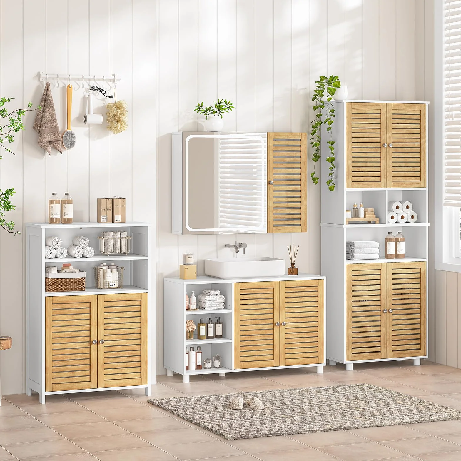 Meuble Colonne de Salle de Bain, Armoire Haute Cuisine avec 3 Étagères Réglables et Ouvertes, 4 Portes en Bambou, Meuble de Rangement pour Salon, Cuisine, Salle de Bain, 60x30x170 cm