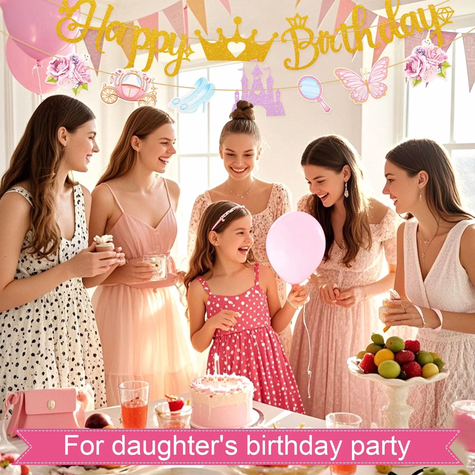 Bannière d'Anniversaire Princesse BOXOB avec Couronne Château Chaussure en Cristal Calèche pour Filles