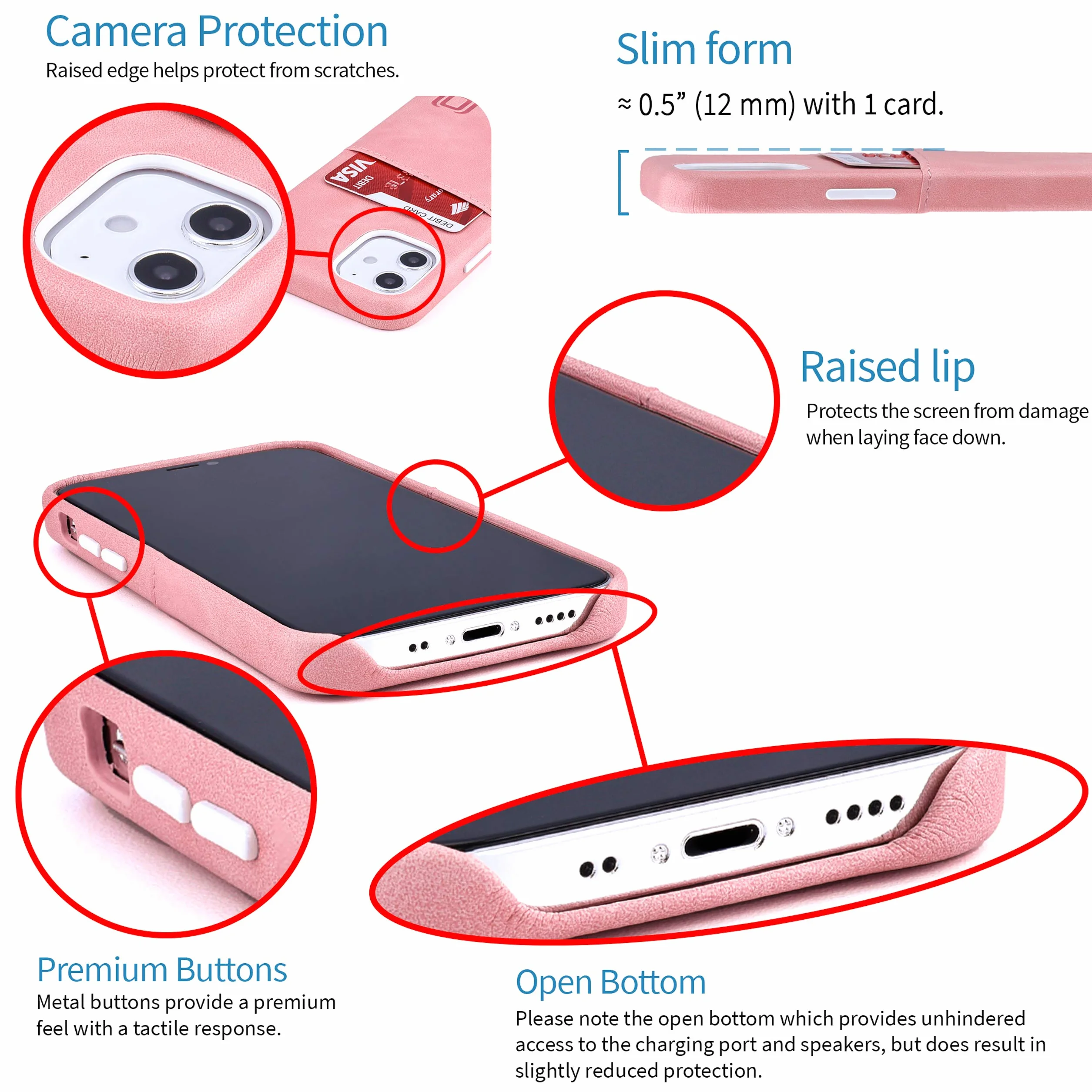 Dockem Etui portfelowe na iPhone'a 12 mini: wbudowana metalowa płytka do montażu magnetycznego i 1 uchwyt na kartę kredytową: 13.7 cm Exec M2, gładka skóra syntetyczna (różowy)