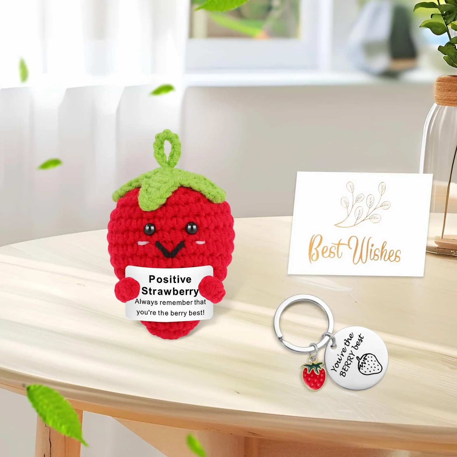 Poupée Tricotée en Laine avec Message Positif, Idée Cadeau Inspirant avec Porte-clés et Carte de Vœux