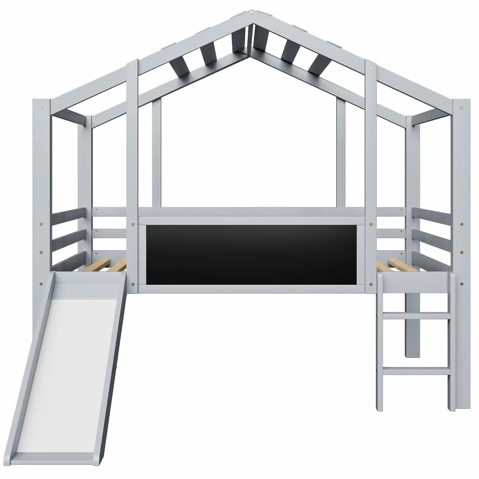 Lit cabane enfants 90x200,lit enfant cabane avec toboggan,panneau graffiti,lit superposé enfant 90x200 lit enfant mi hauteur en bois,cadre de lit mezzanine 1 place avec sommier à lattes (Gris)