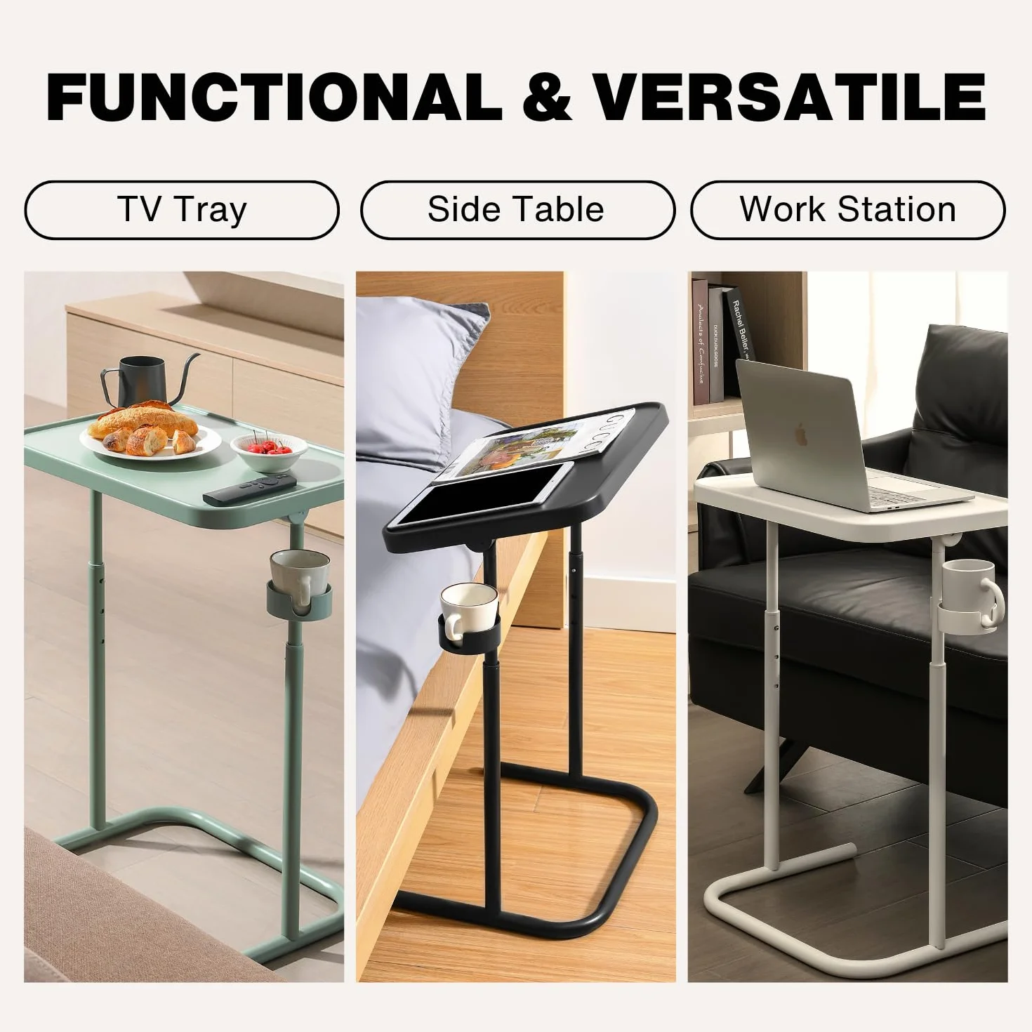 Keepo Plateau TV en métal avec roulettes/roulettes, table d'appoint, plateau de repas réglable, table pour ordinateur portable pliable avec 3 hauteurs, angle d'inclinaison de 0 à 90 degrés, portable