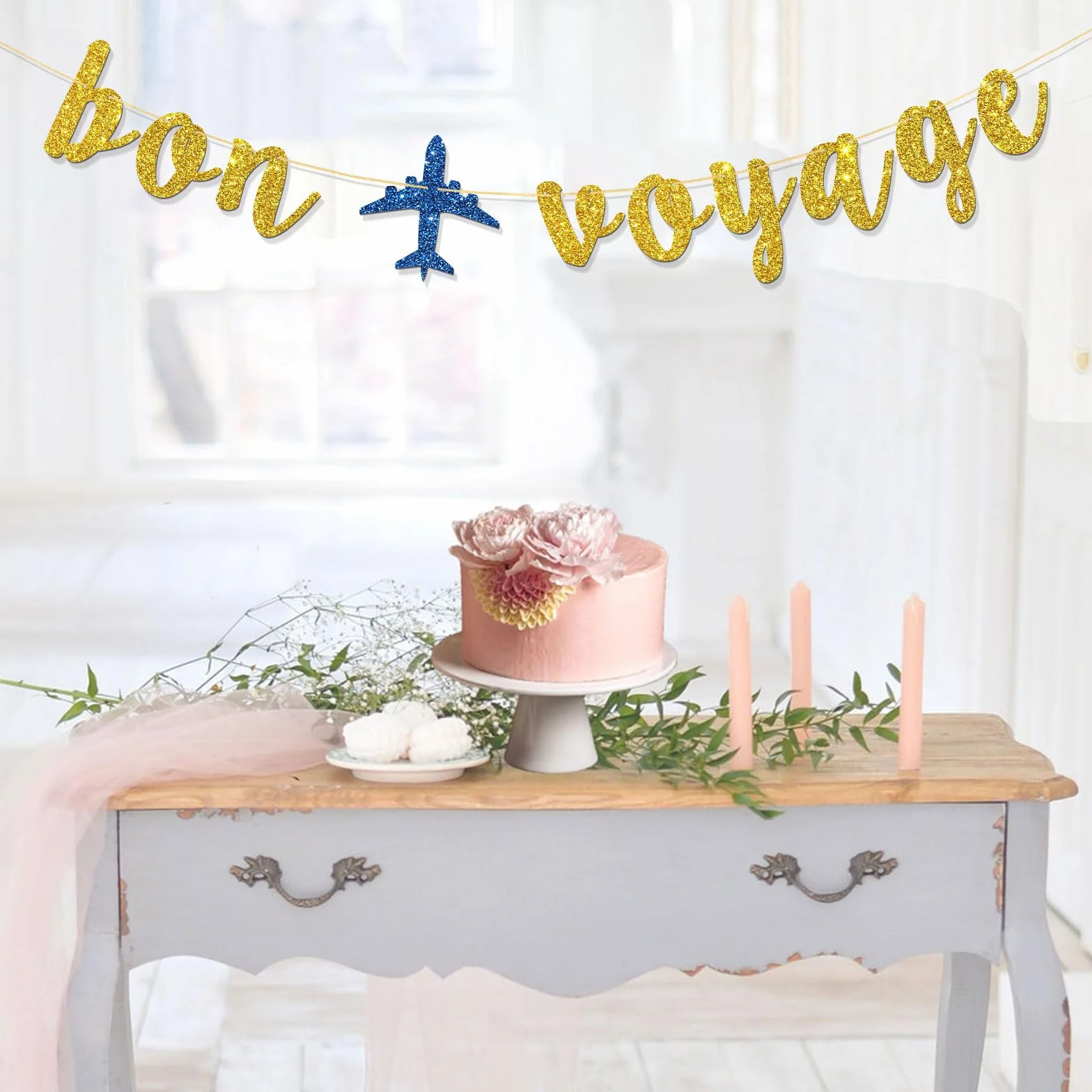 Bannière Bon Voyage – Banderole de fanions de fête sur le thème du voyage – Paillettes dorées