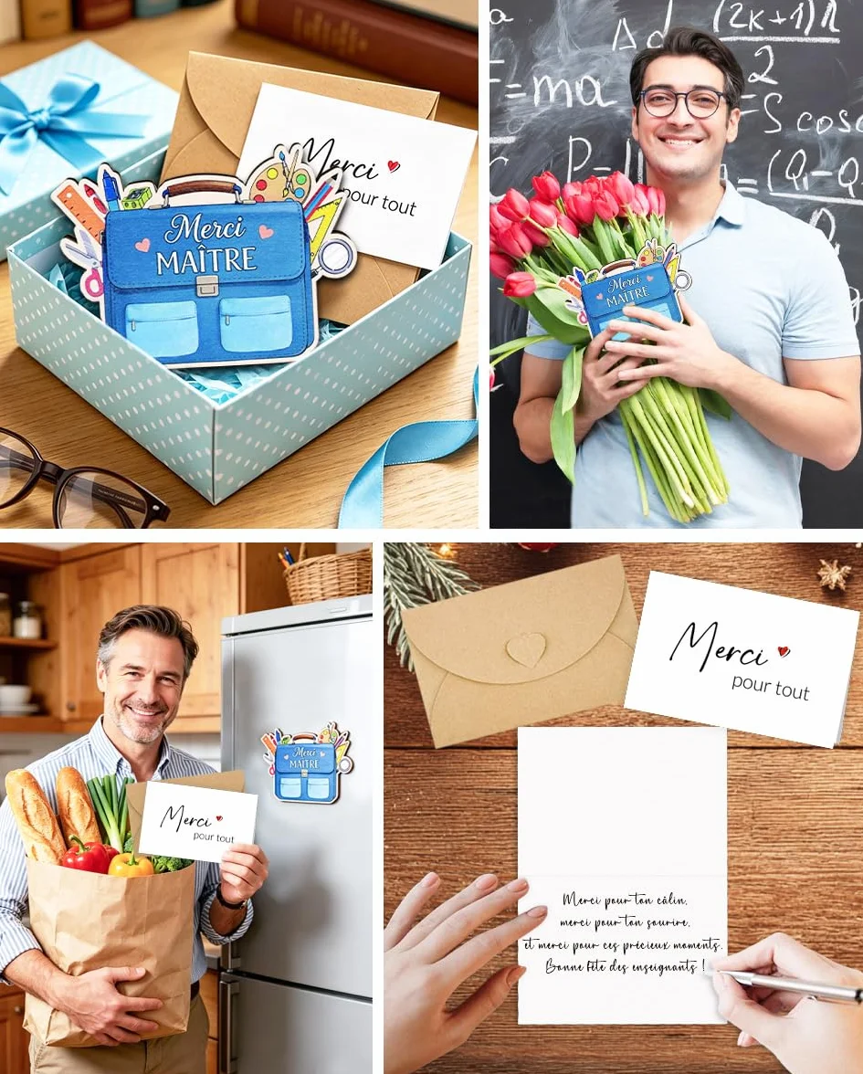 Magnet en Bois Merci Maitre d'école avec Carte de Vœux et Enveloppe, Cadeau Original Homme Professeur
