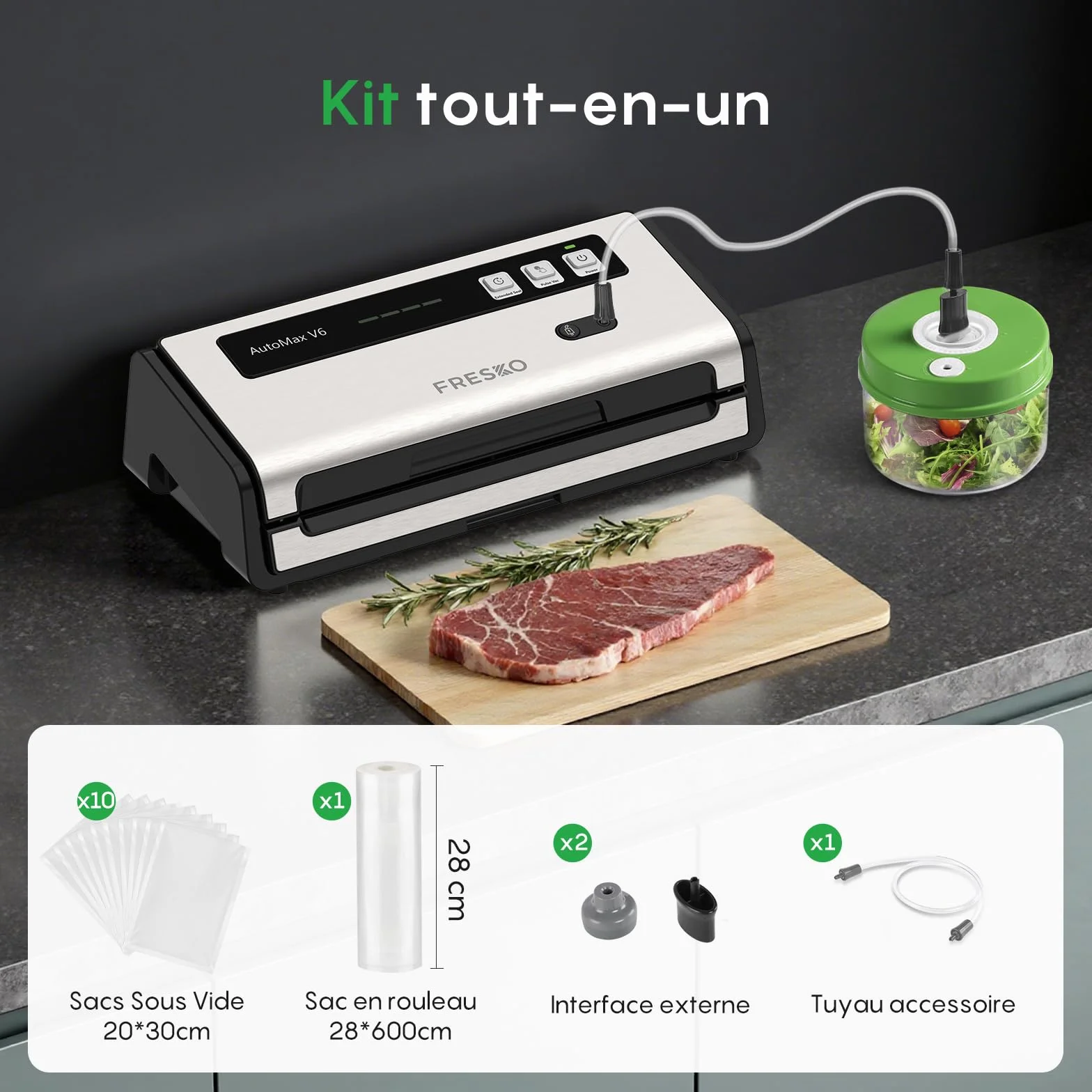 FRESKO Machine Sous Vide Alimentaire Automatique, Bandes chauffantes élargies, Coupe-sac Intégré et Rangement des Sacs, Mode Humide et Sec, Utilisation à une Main (Automax V6)