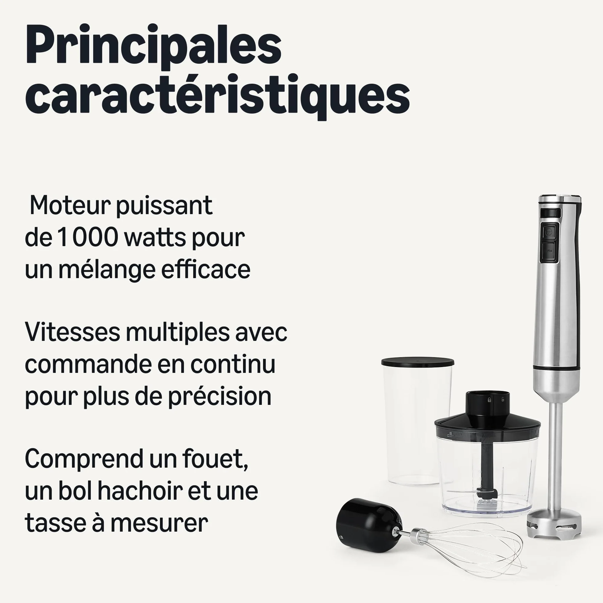 Amazon Basics Mixeur Plongeant Manuel Multivitesse, Accessoires et Cordon d’Alimentation Inclus, 1 000W, Argenté