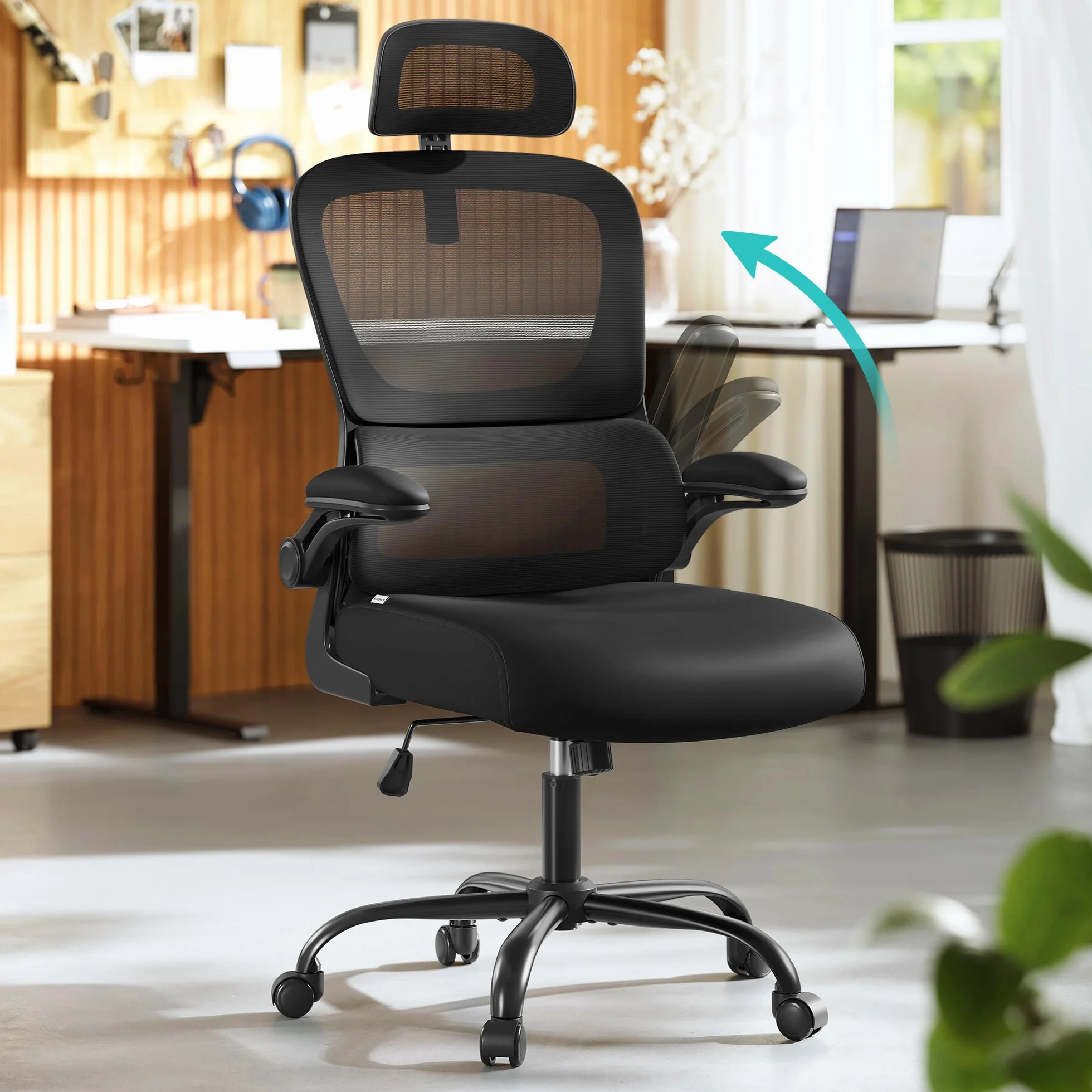 SONGMICS Chaise de Bureau Ergonomique Tissu Maille Respirant Double Couche Soutien Lombaire Adaptatif Appui-Tête Réglable Noir d’Encre