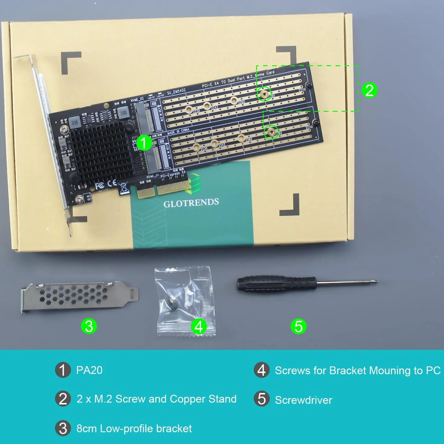 GLOTRENDS PA20 Dual Adapter M.2 NVMe na PCIe 3.0 x4 z funkcją rozgałęzienia PCIe, konfiguracja programowego RAID M.2 NVMe za pomocą narzędzia OS(obsługuje rozmiary 22110/2280)