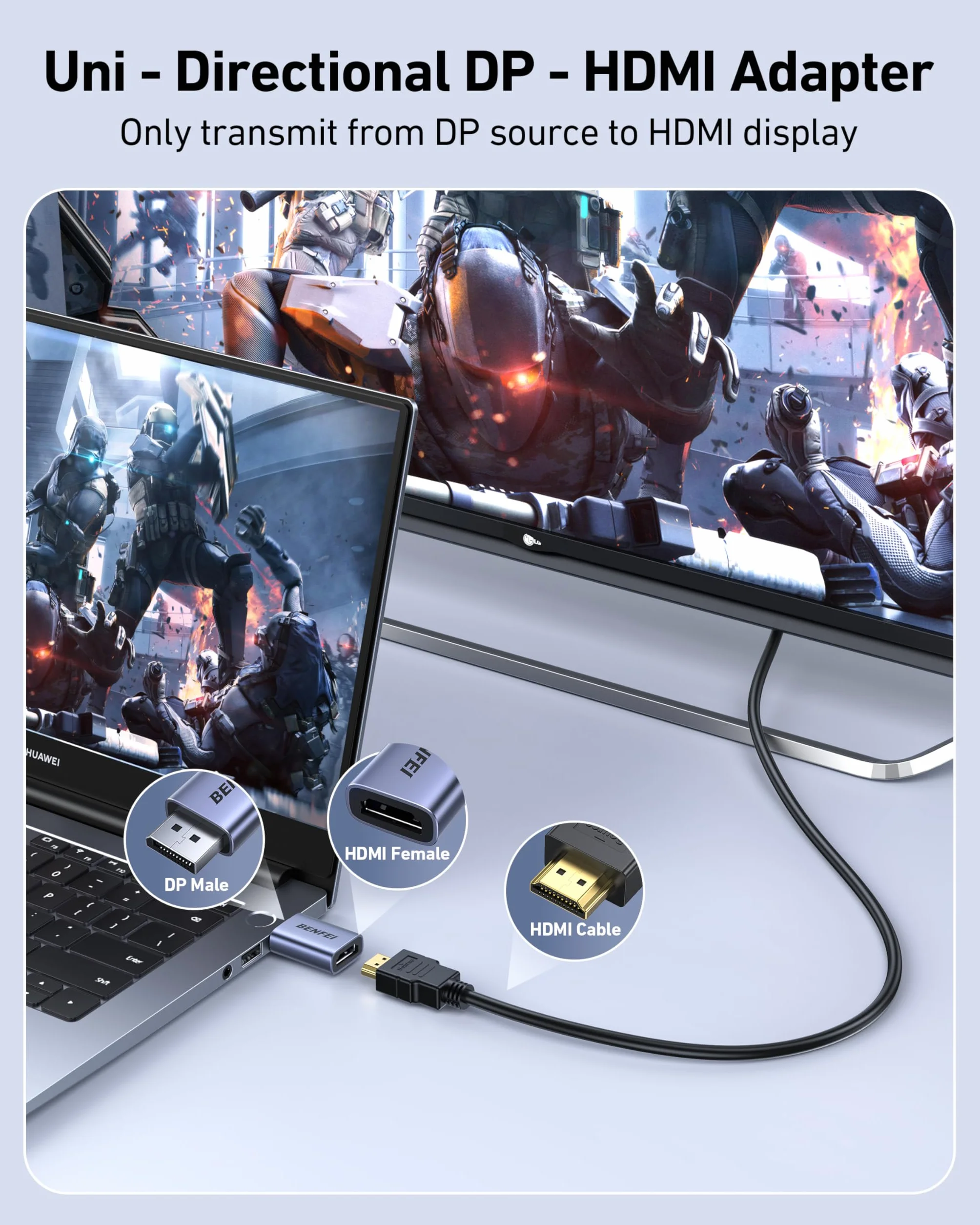 BENFEI Adapter DisplayPort na HDMI 4K 2-pak, jednokierunkowy konwerter ekranu DP 1.2 na HDMI 1.4, kompatybilny z laptopem, komputerem stacjonarnym, monitorem, HDTV, AMD/NVIDIA Graphics