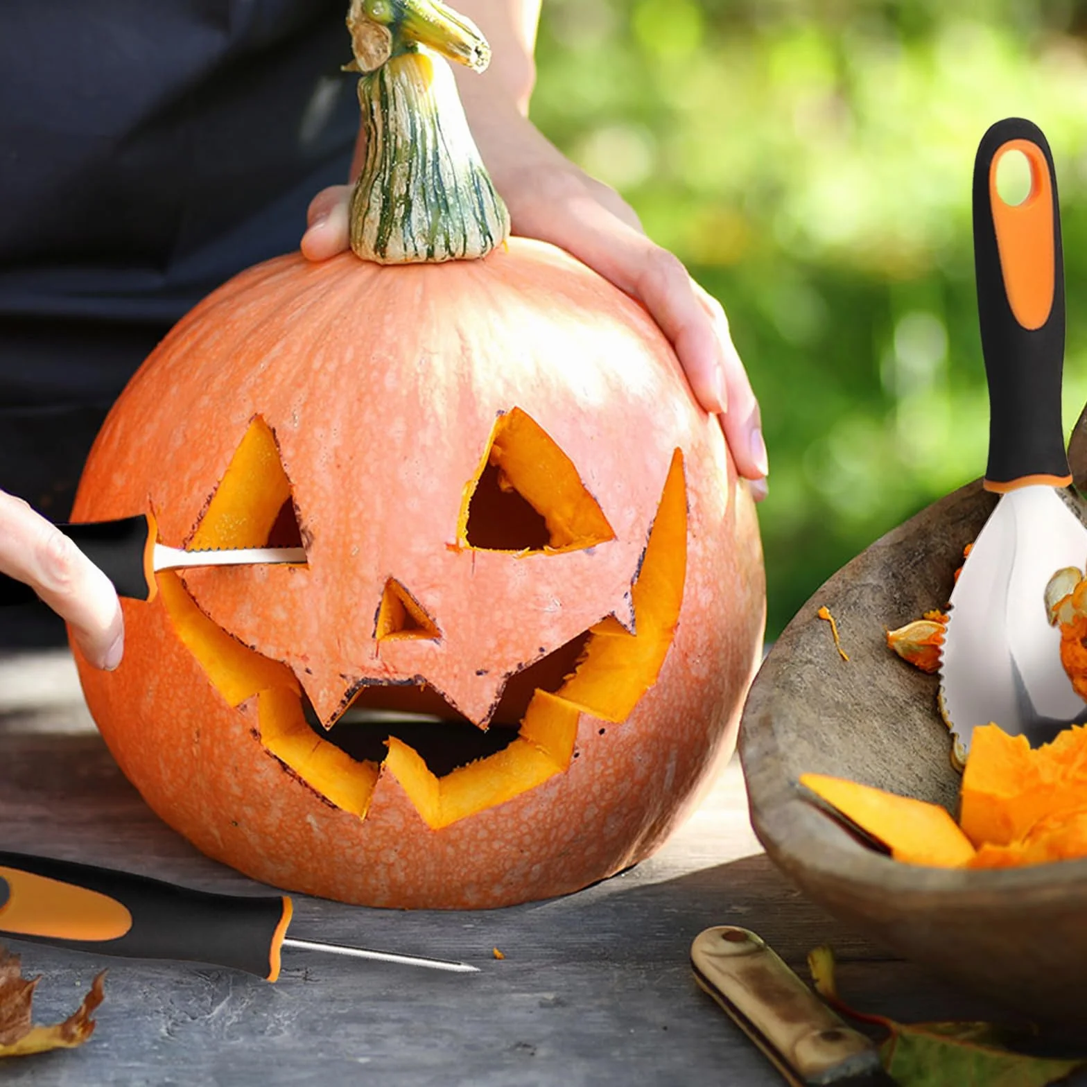 Kit sculpture citrouille 11 pièces acier inoxydable Halloween, couteau découper cuillère poignée ergonomique
