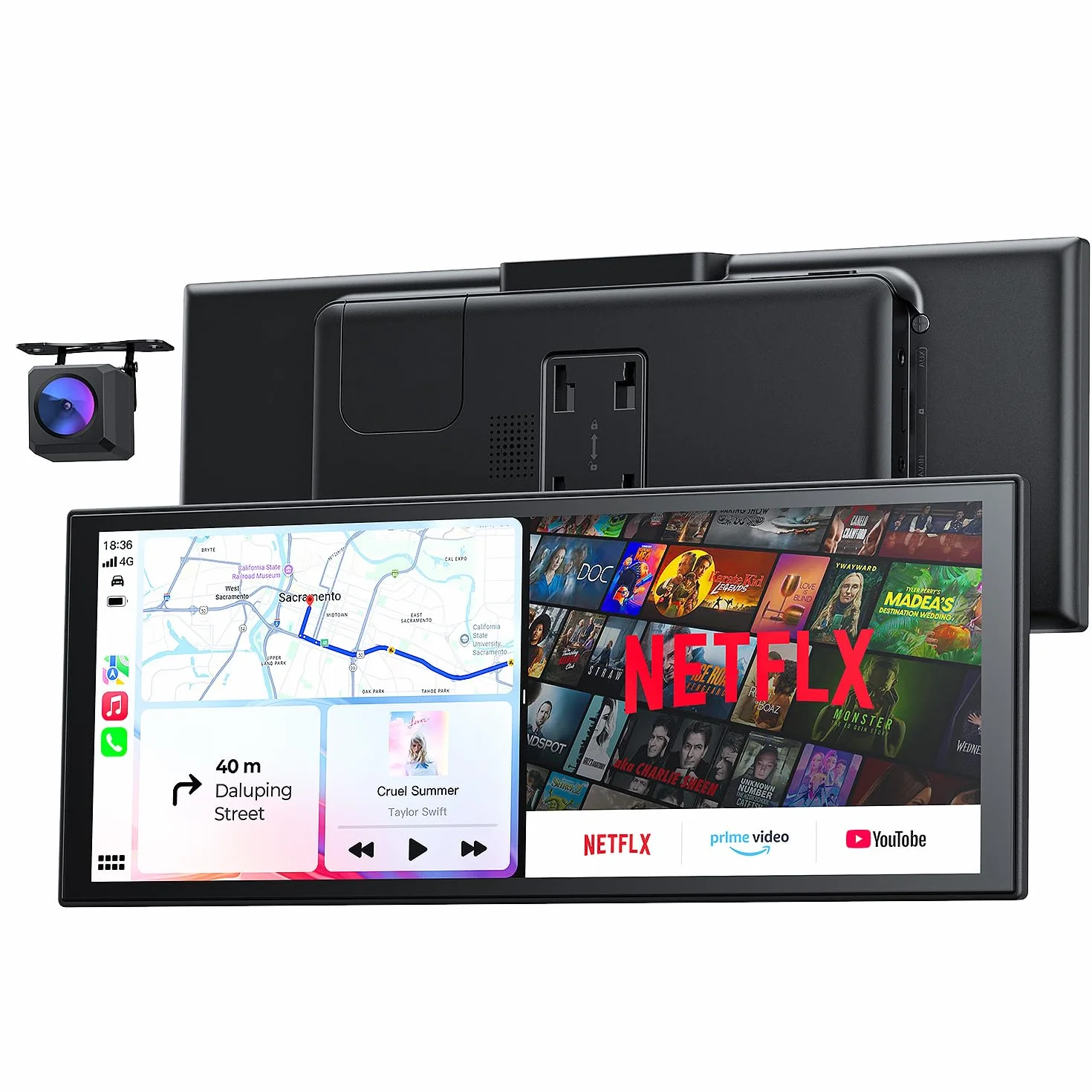 Bezprzewodowy przenośny ekran do odtwarzania samochodu 60 kl./s, do Apple CarPlay i Android Auto, aktualizacje OTA, kamera zapasowa, łącze lustrzane, Bluetooth, sterowanie głosowe, nawigacja