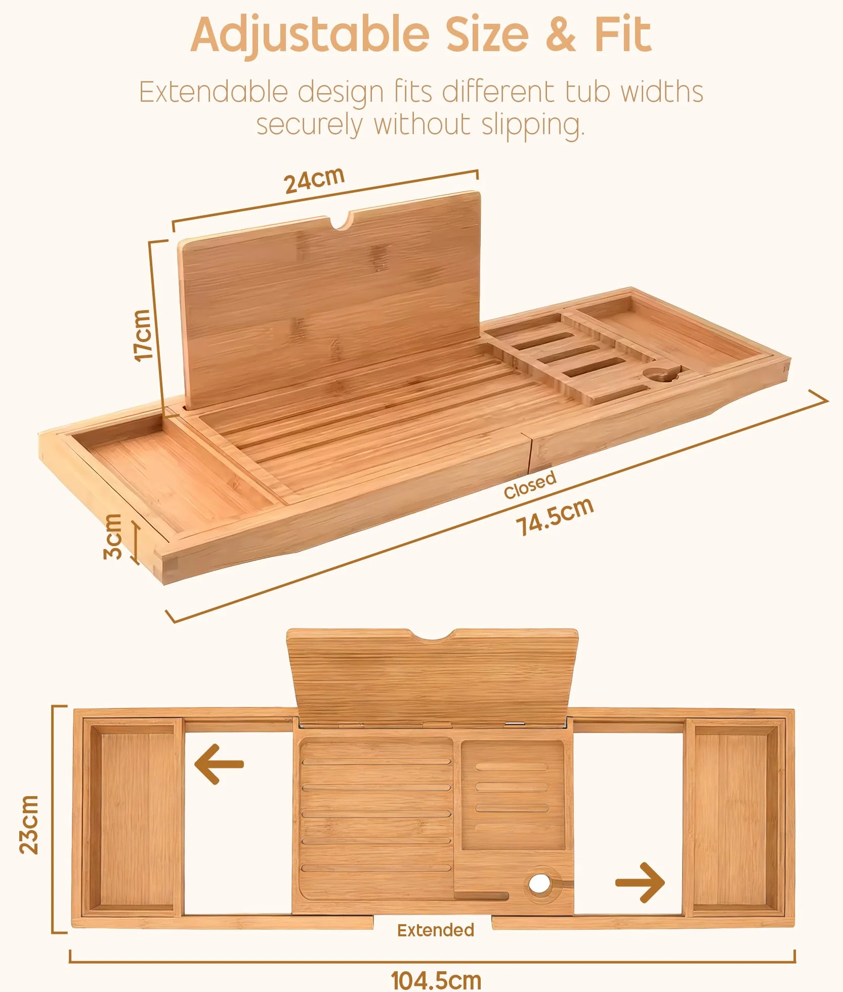 ADOV Pont de Baignoire Extensible en Bambou Naturel avec Porte-Bougie, Verre, Livre, Téléphone, Antidérapant