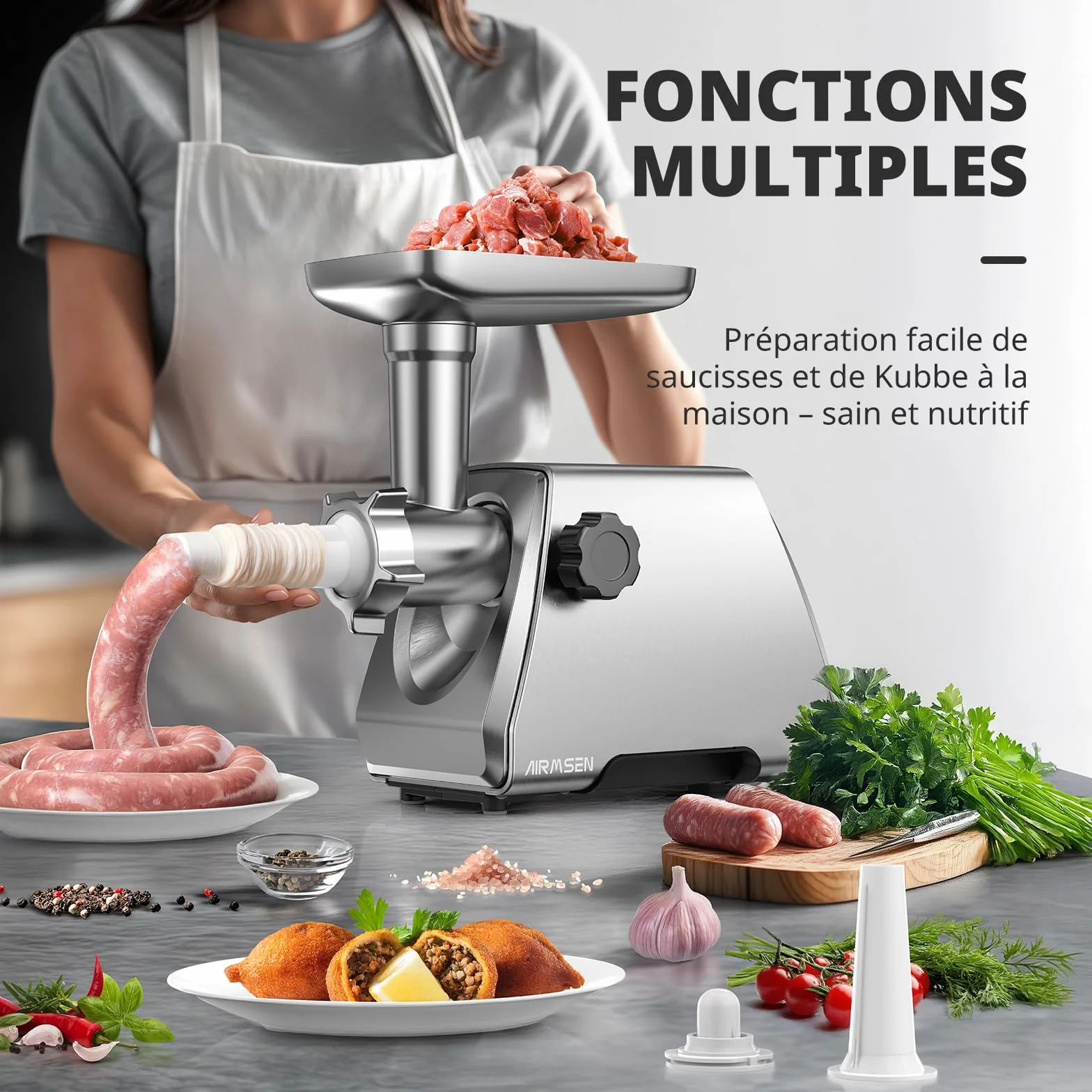 AIRMSEN Hachoir à Viande Électrique 3 en 1– Machine à Saucisses en Acier Inoxydable avec 3 Plaques, 2 Lames en Acier Inoxydable et Kit Kubbe – Rapide, Silencieux, Facile à Nettoyer pour Maison