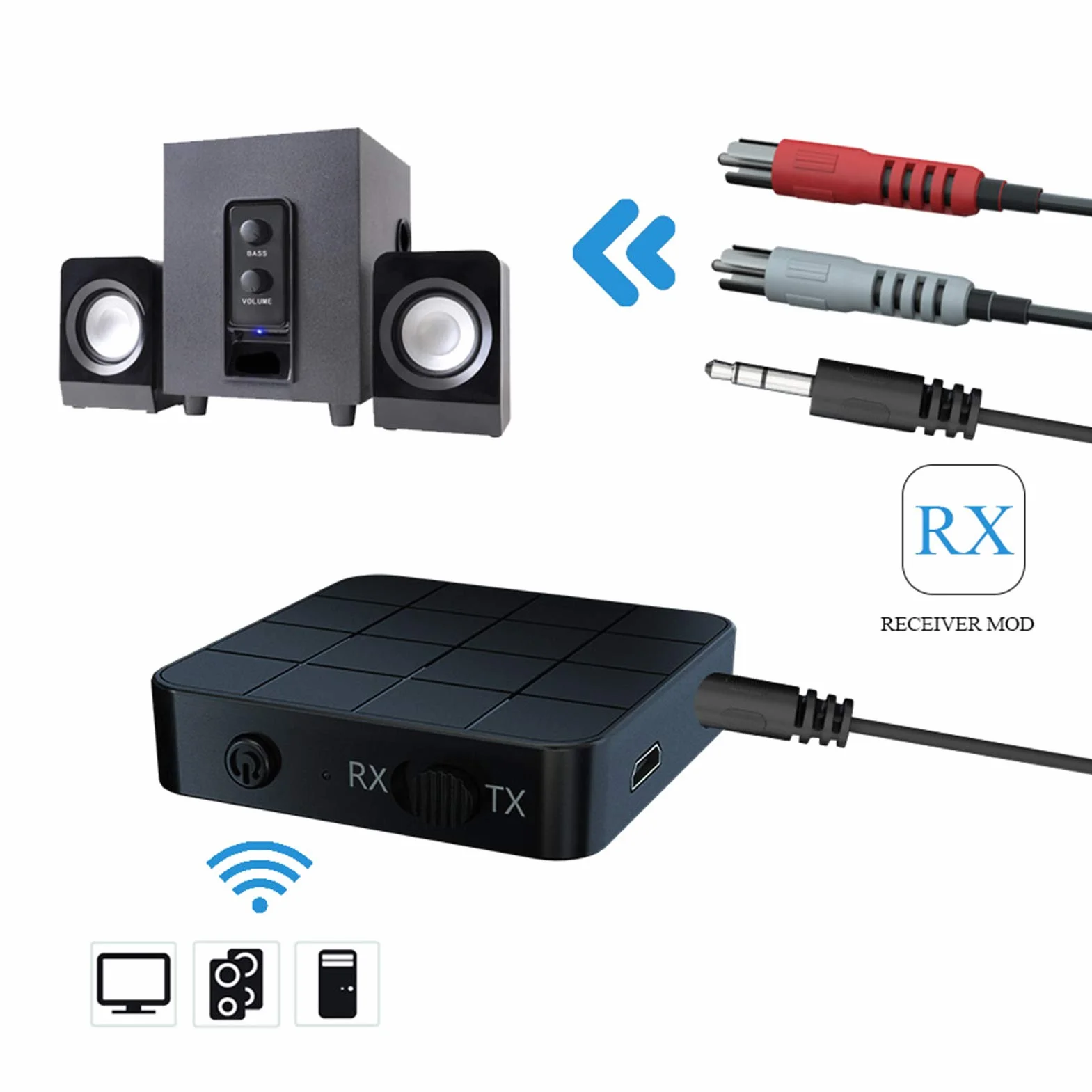 KN321 bezprzewodowy odbiornik nadajnika audio Bluetooth 5.0, 2 w 1, adapter komputerowy TV, nadajnik i odbiornik audio jednoprzyciskowy, wysoka kompatybilność