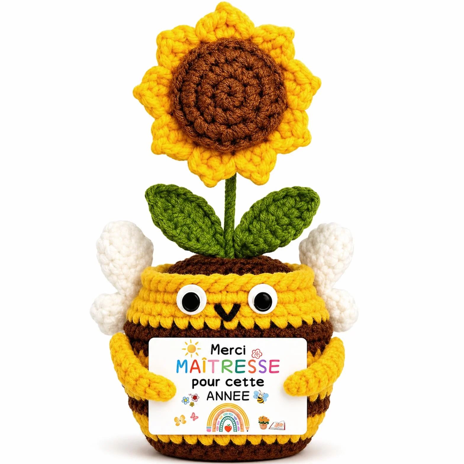 Peluche Abeille Tournesol Crochetée à la Main avec Carte Merci Maitresse